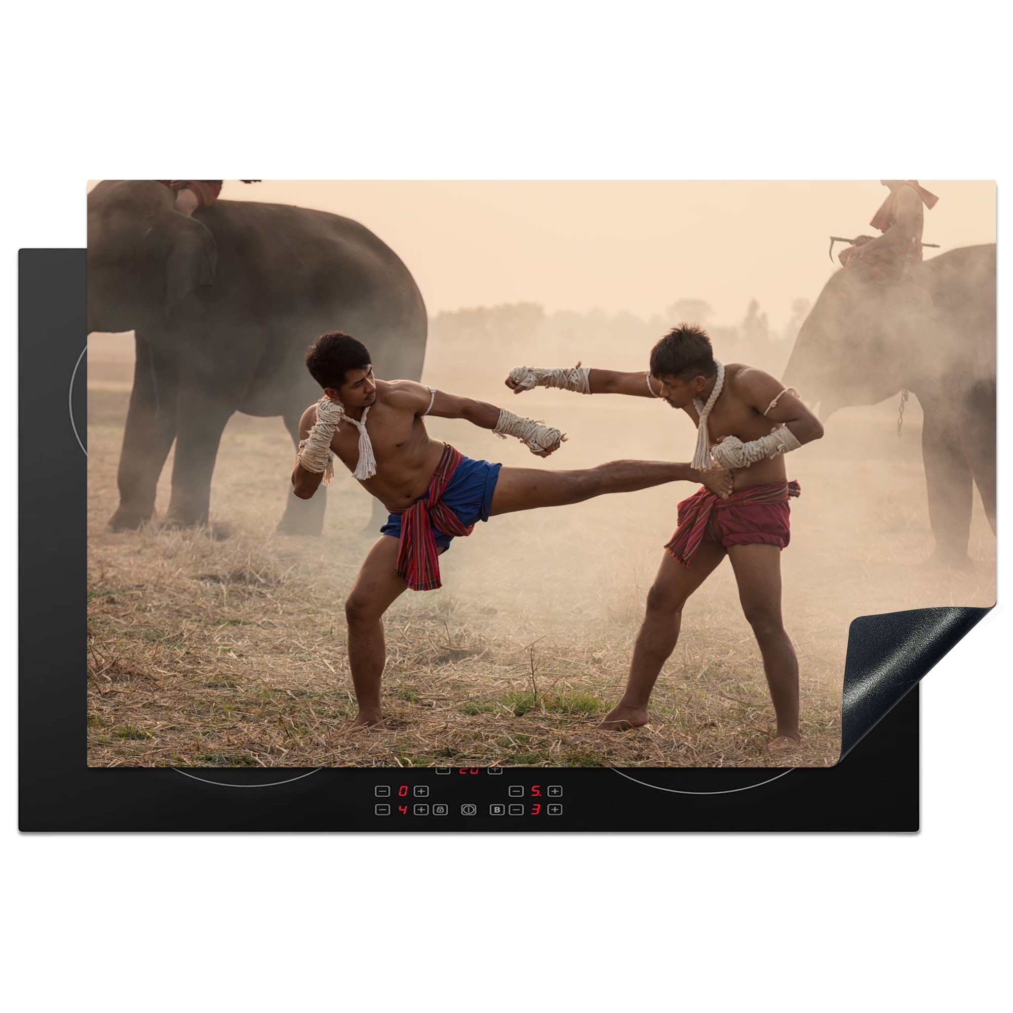 MuchoWow Herdblende-/Abdeckplatte Kampfsportarten - Elefanten - Muay Thai, Vinyl, (1 tlg), 81x52 cm, Induktionskochfeld Schutz für die küche, Ceranfeldabdeckung