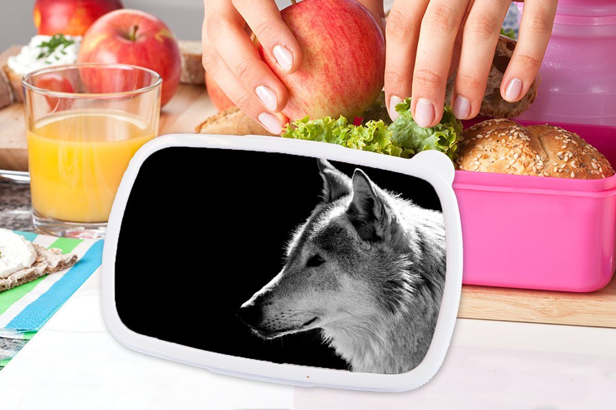 MuchoWow Lunchbox - für Wolf Brotdose Kunststoff, Snackbox, Kunststoff rosa Schwarz Wildlife - Kinder, - (2-tlg), Weiß, Mädchen, Erwachsene, Brotbox