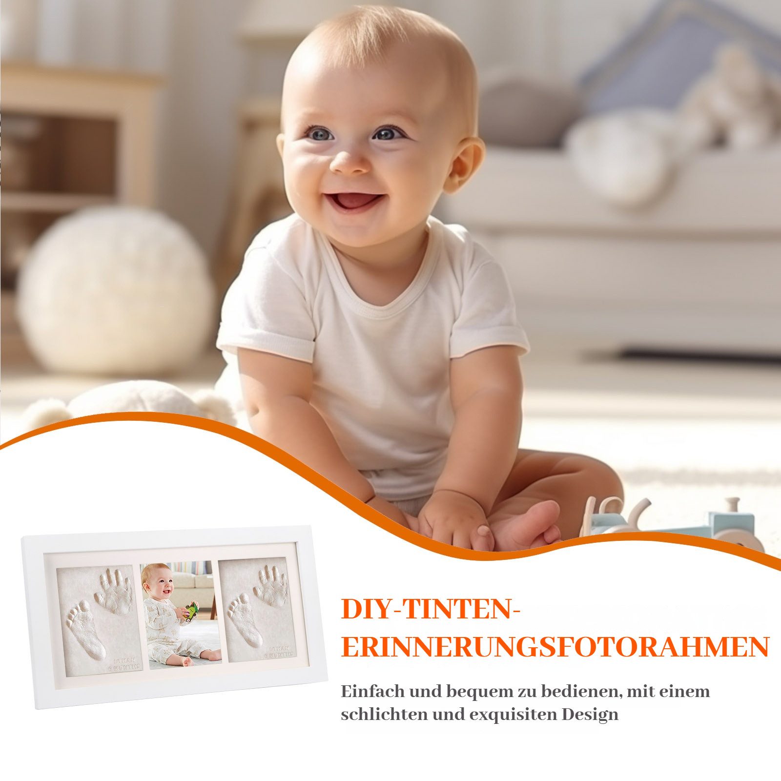 BlingBin Bilderrahmen-Set Baby Handabdruck Fußabdruck Set Komplettset Gipsabdruck Kit, für 3 Bilder (1er Set, 1 St), 33 × 17 × 3,5 cm, Baby Meilenstein Geschenk Erinnerungs-Bilderrahmen für Baby