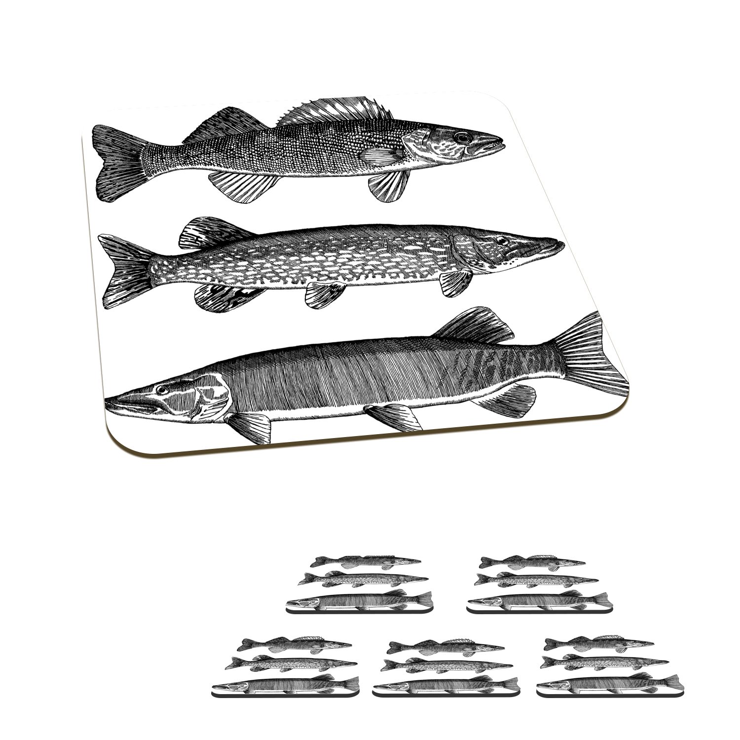 MuchoWow Glasuntersetzer Eine Illustration von drei Fischen, Zubehör für Gläser, 6-tlg., Glasuntersetzer, Tischuntersetzer, Korkuntersetzer, Untersetzer, Tasse
