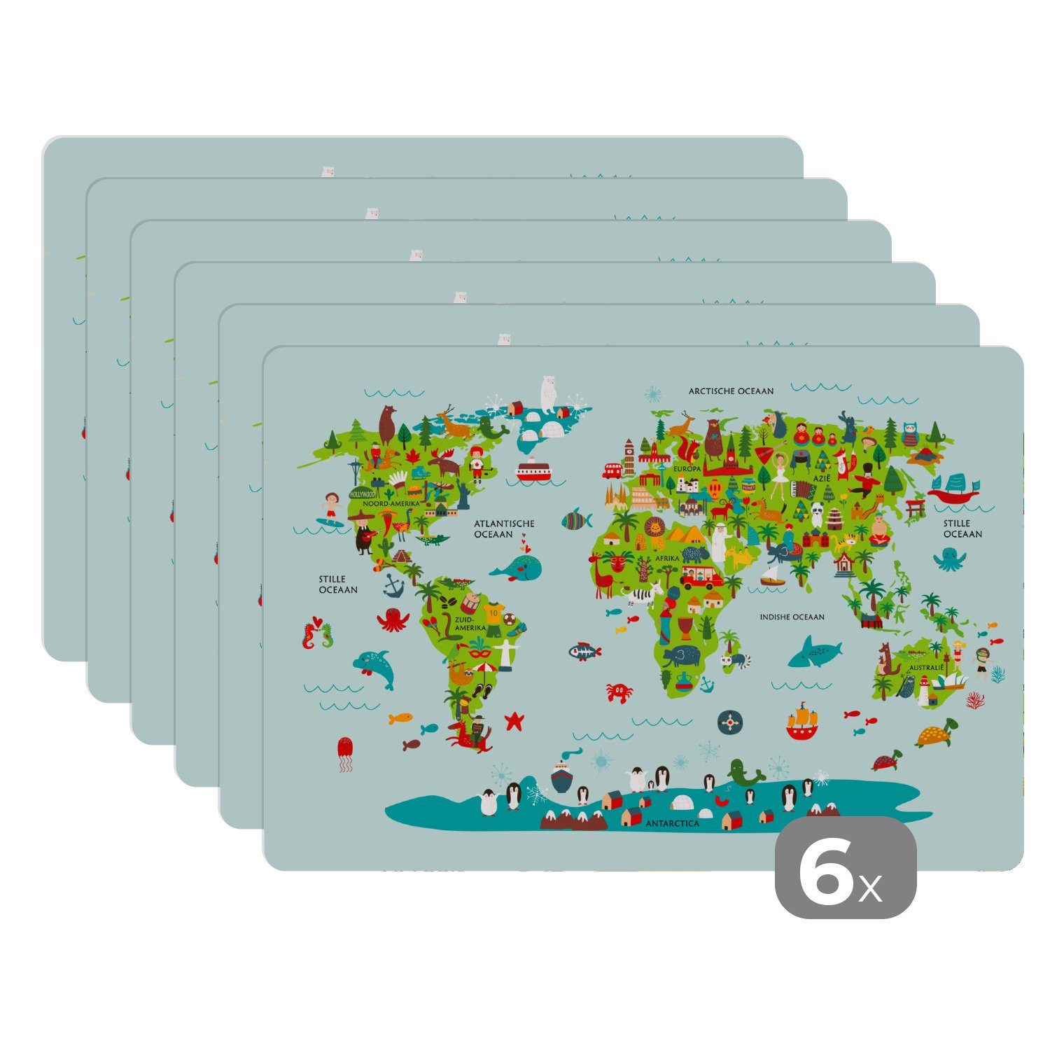 Platzset, Weltkarte Kinder - Farben - Grün, MuchoWow, (6-St), Platzset, Platzdecken, Platzmatte, Tischmatten, Schmutzabweisend