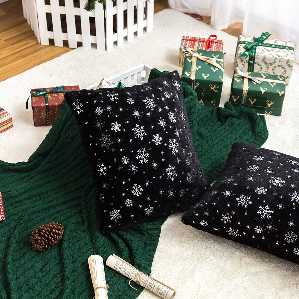 Schneeflocke PV-Vliesstoff, Sunicol (1 Plush, Zottelig, 45x45cm, Weihnachten Dekokissen, Schwarz Kissenbezug Party Wohnzimmer, Kissenhülle, Flauschig Stück), Schlafzimmer für