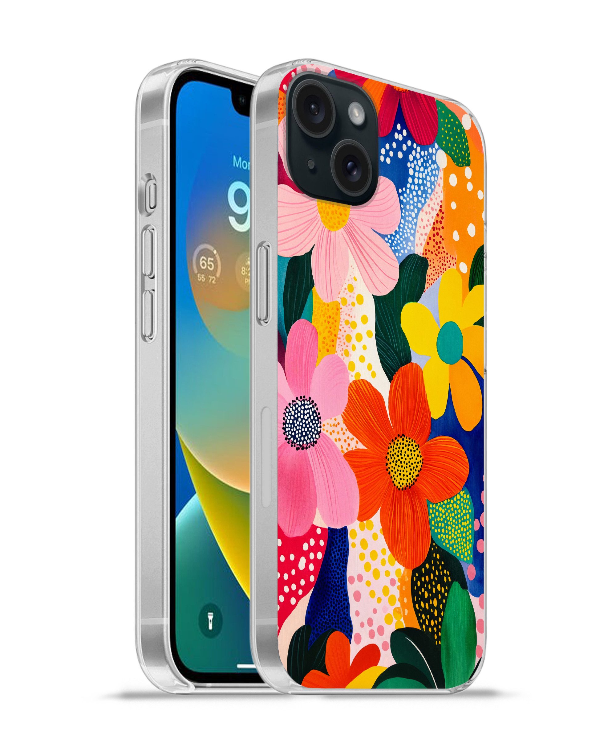 MuchoWow Handyhülle für Apple iPhone 15 Plus Blumen - Bunt - Tupfen, Smartphone-Bumper, Print, Handy Schutzhülle Dünn