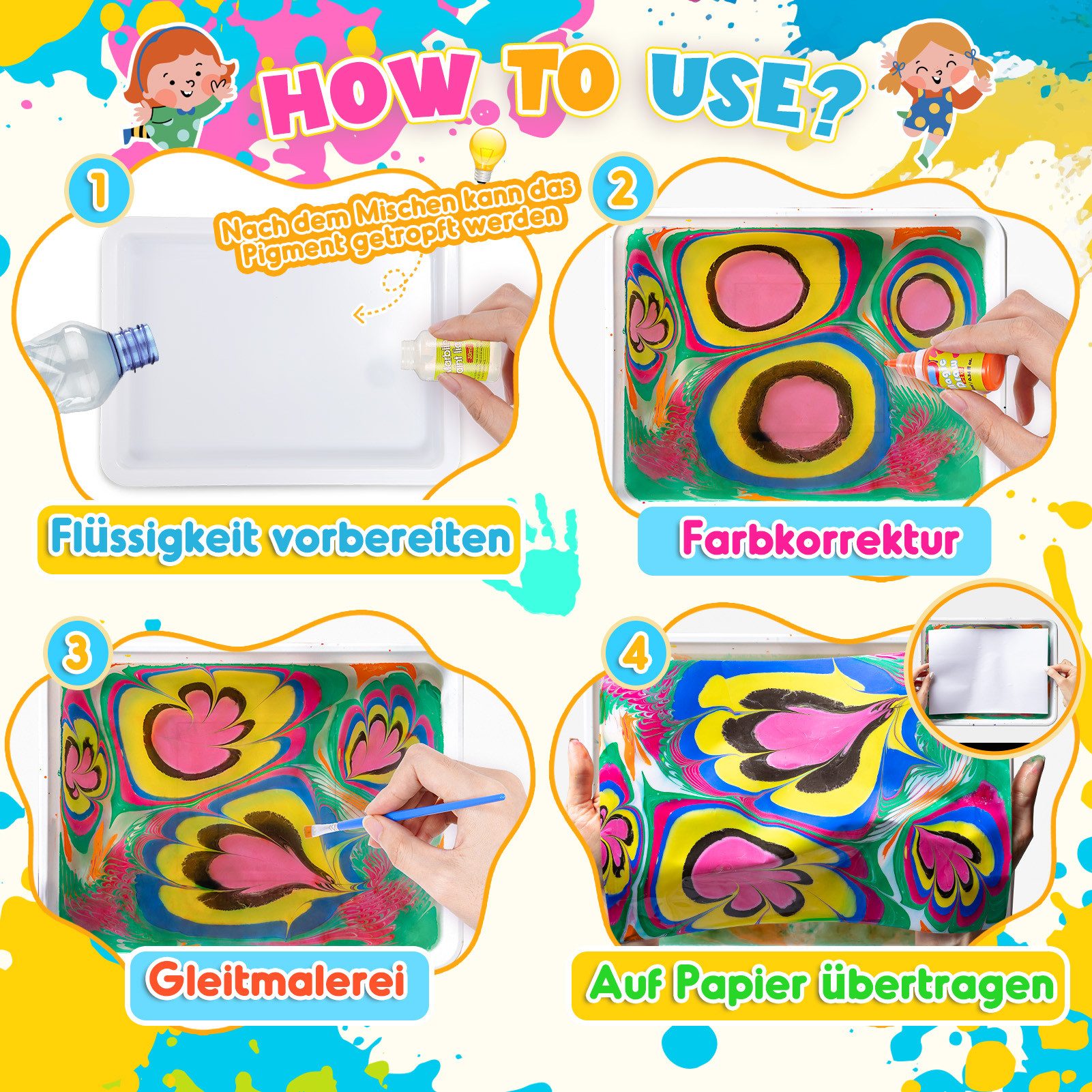 Wootoy Kreativset Wasser-Marmorierfarben Set DIY Mal- und Kunstset Kreativ-Bastelset, (mit 8 Farben 20 Blättern 9 Werkzeugen und A5-Tablett, 1-tlg., Fördert Kreativität Konzentration Feinmotorik durch Experimentieren), Geschenkset für Kinder die Kunst Farben und DIY-Projekte lieben
