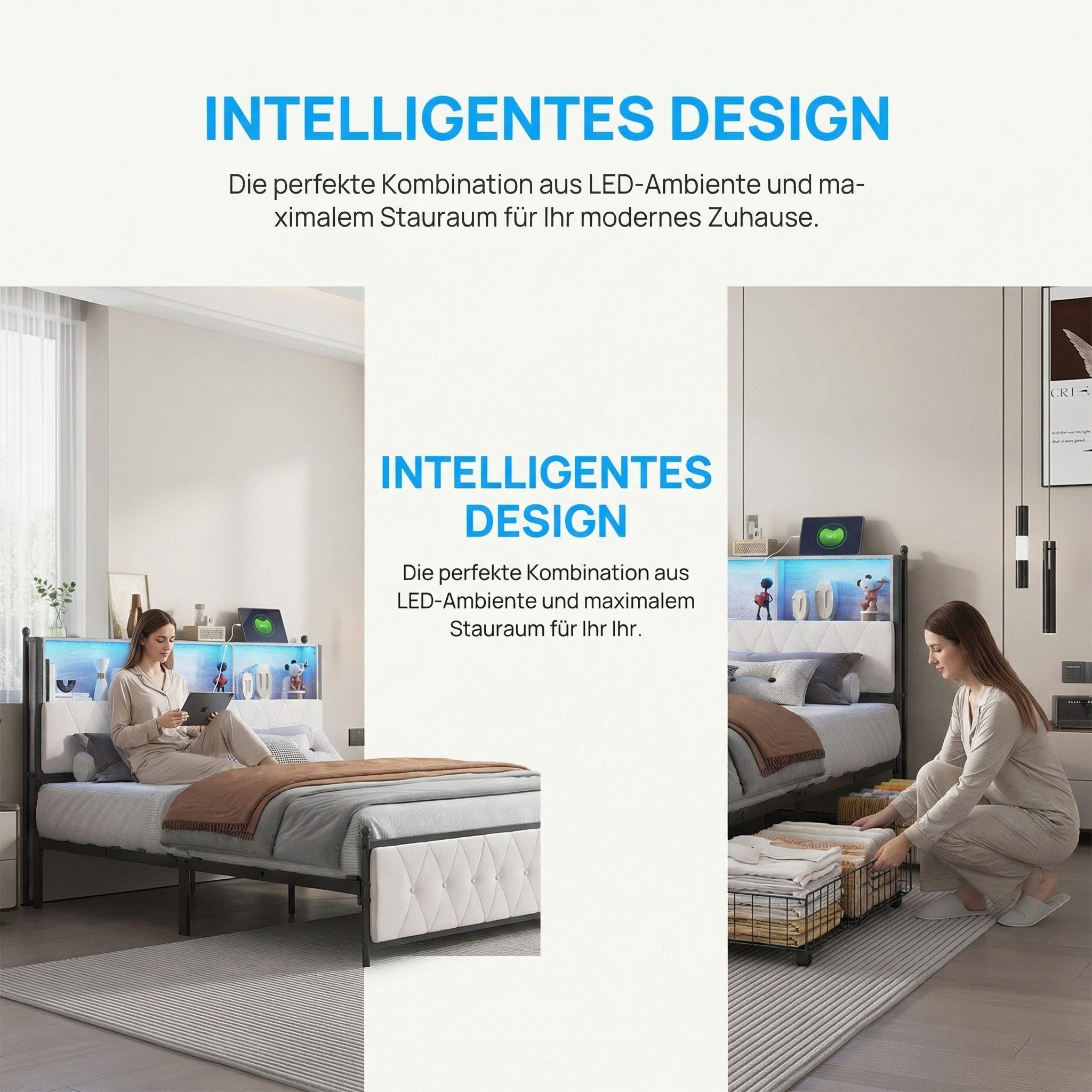 PXloue Polsterbett Doppelbett 180x200 mit LED Licht und Ladefunktion (Mit Lattenrost und Ladefunktion, Samtmaterial Stauraumbett), Modernes Jugendbett, mit Bett – Bild 5 von 5