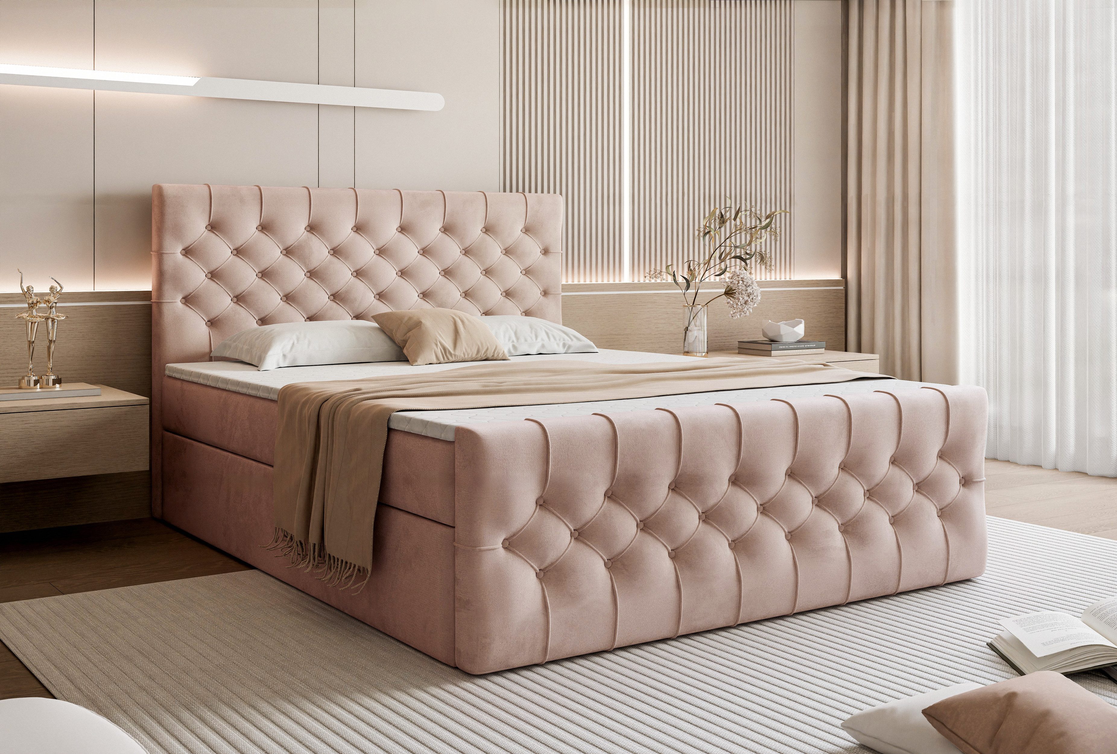 yourhouse24 Boxbett Kemer inkl. zwei Bettkästen & Topper (Box-Unterbau mit 2 Bettkästen, Kopfteil, Topper), Samtig-weicher Matt-Velvet-Stoff, Elegante Steppungen
