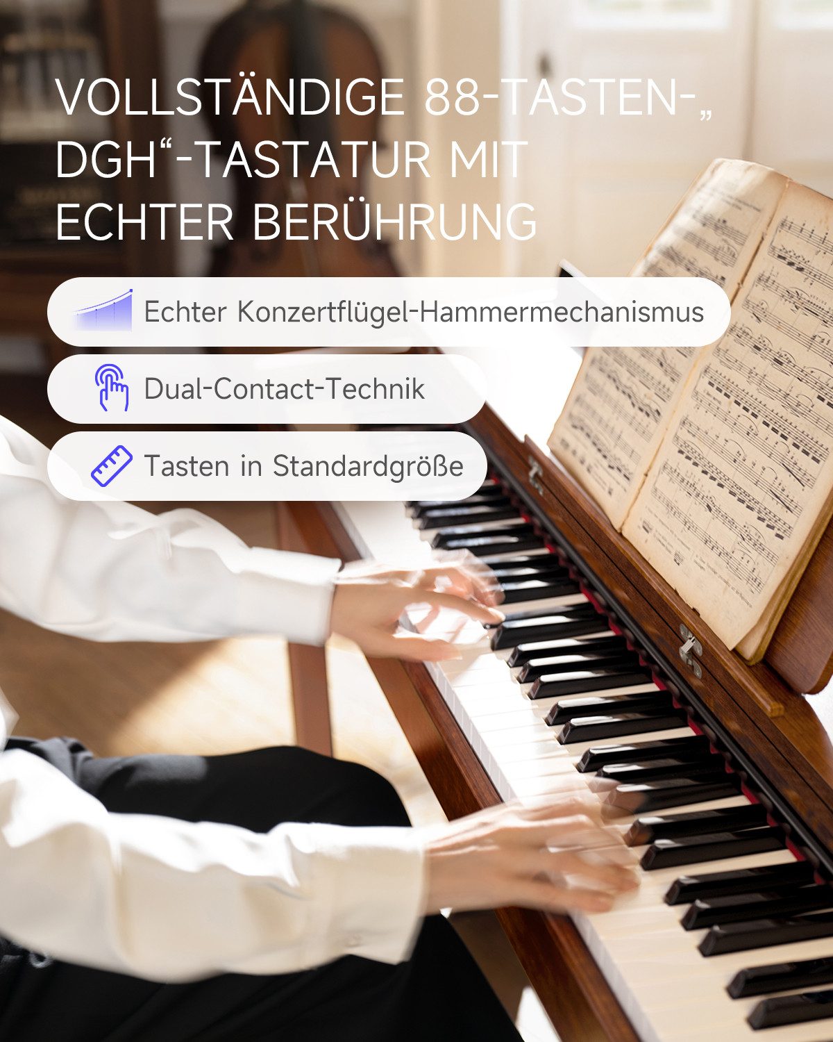 Donner Digitalpiano E-Piano 88 Tasten gewichtetes Hammermechanik Klavier DDP-200 (SET), Holzgehäuse, LCD-Display, 5 Reverb-Effekte, Bluetooth-MIDI, 3 Pedale – Bild 4 von 5