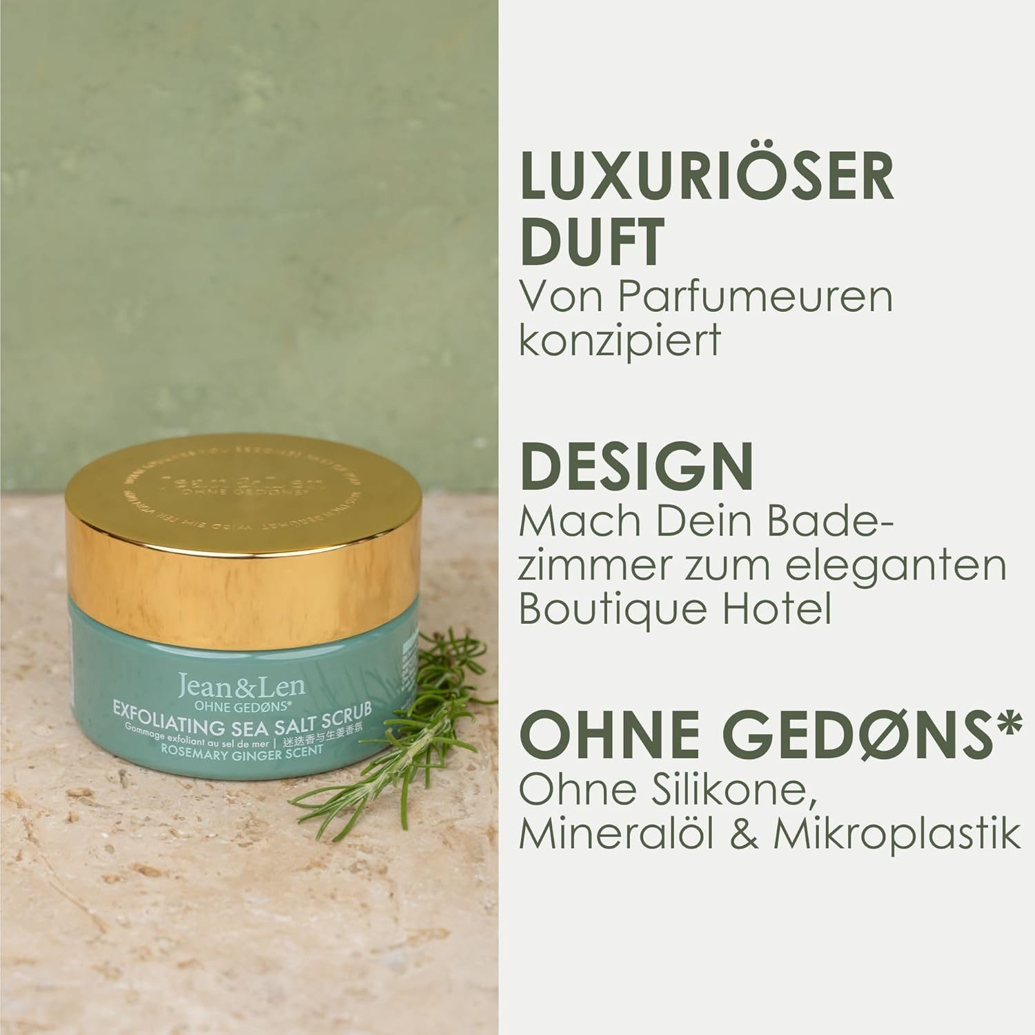 Jean & Len ohne Gedons* Körperpeeling Exfoliating Sea Salt Scrub Rosemary/Ginger 300 g, 1-tlg., ‎Vitamin A & K angereichertem Distelöl