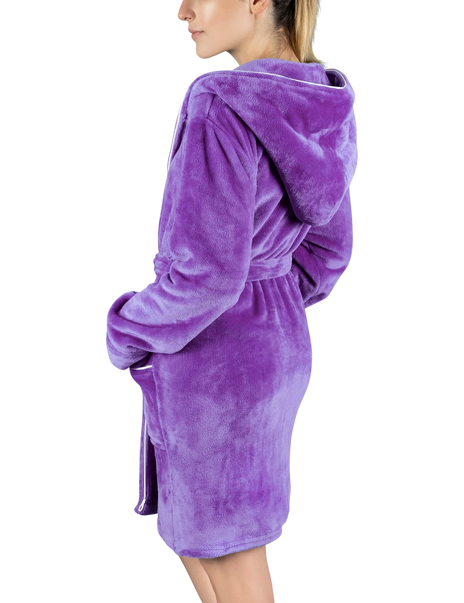 Gräfenstayn Damenbademantel Bademantel Damen flauschig Kapuze Kuschelfleece leicht kurz, warm & kuschelig, Knielang, Fronttaschen, Gürtel, S-XXL