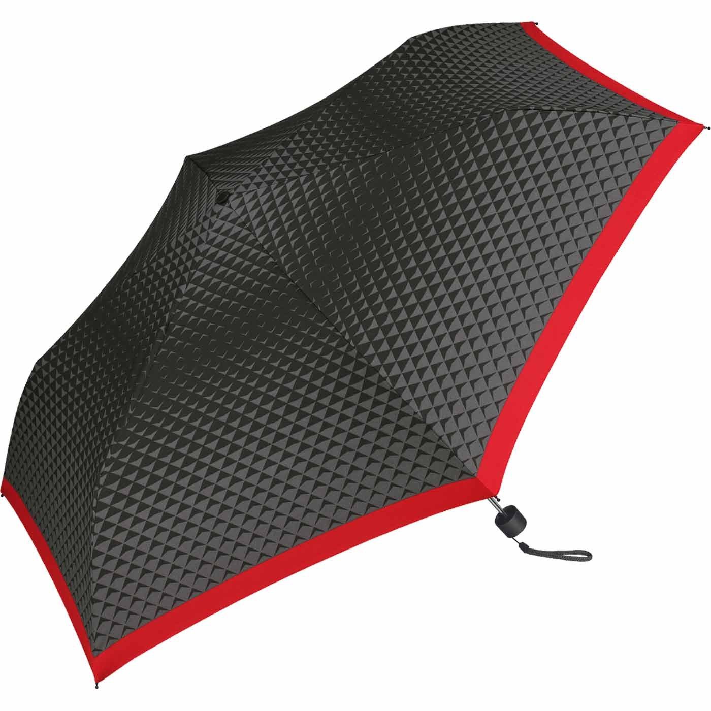 Pierre Cardin Stockregenschirm schlanker Damen-Taschenschirm mit Handöffner, mit Dreiecke-Muster und roter Borte