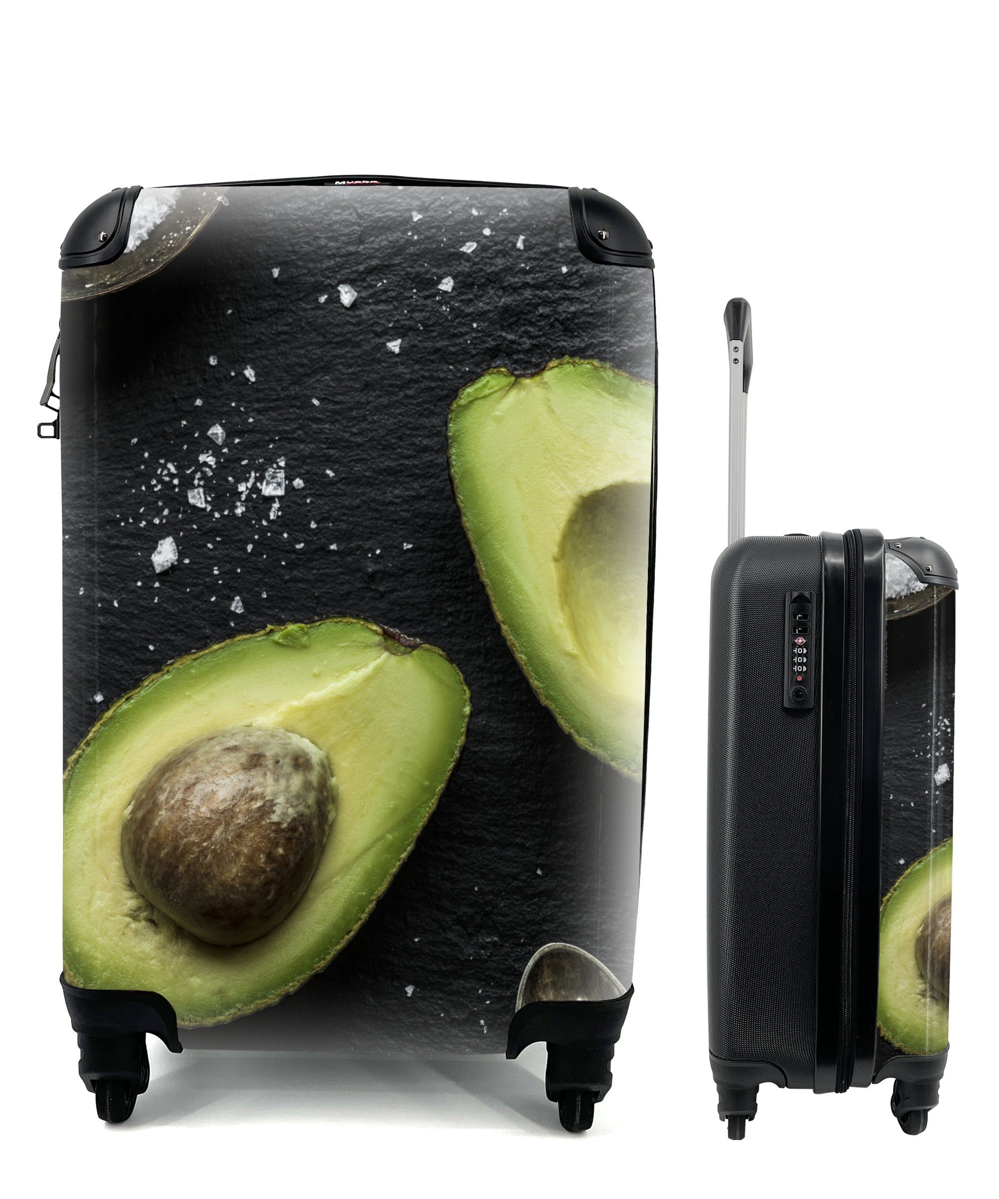 MuchoWow Handgepäckkoffer Eine Avocado auf einem Tisch salzen, 4 Rollen, Reisetasche mit rollen, Handgepäck für Ferien, Trolley, Reisekoffer