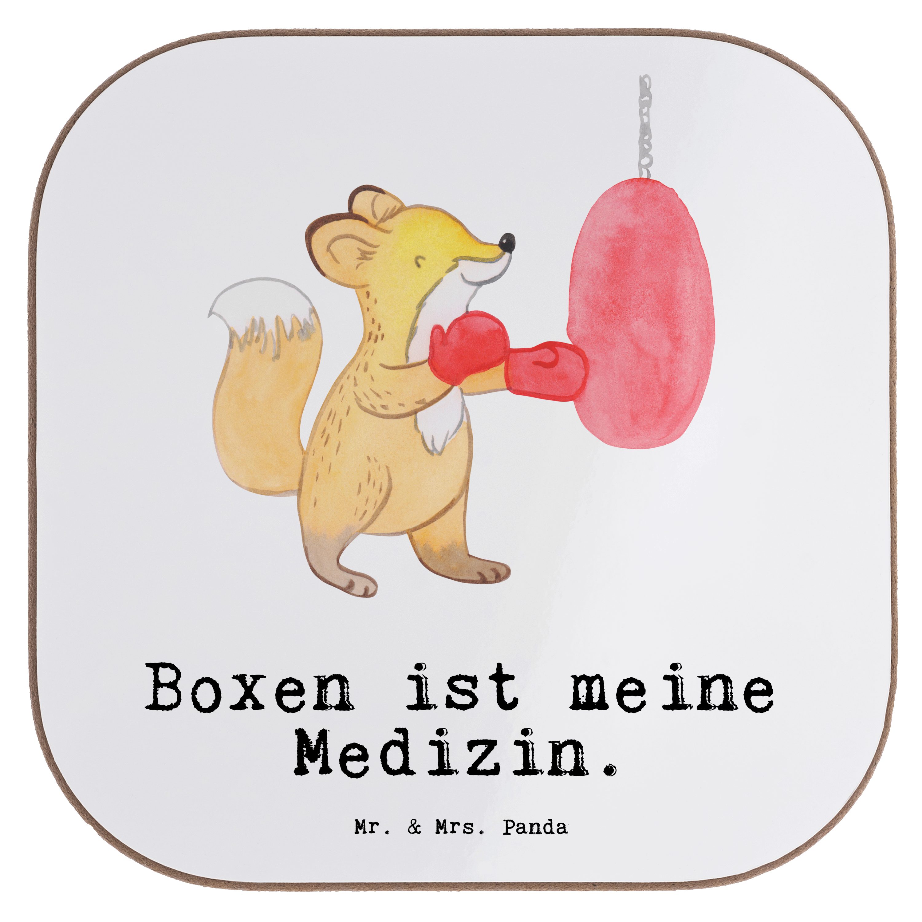 Mr. & Mrs. Panda Getränkeuntersetzer Fuchs Boxen Medizin - Weiß - Geschenk, Getränkeuntersetzer, Glasunter, 1-tlg.