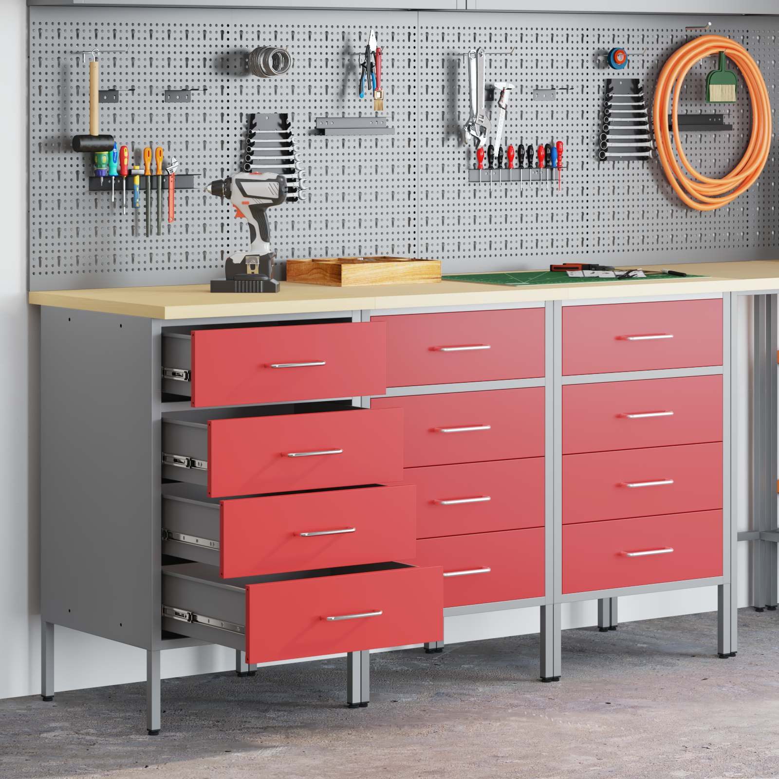 vidaXL Werkzeugschrank Werkbank mit Schubladen 3 stk. Rot und Grau 150 x 55 x 85 cm (3-St)
