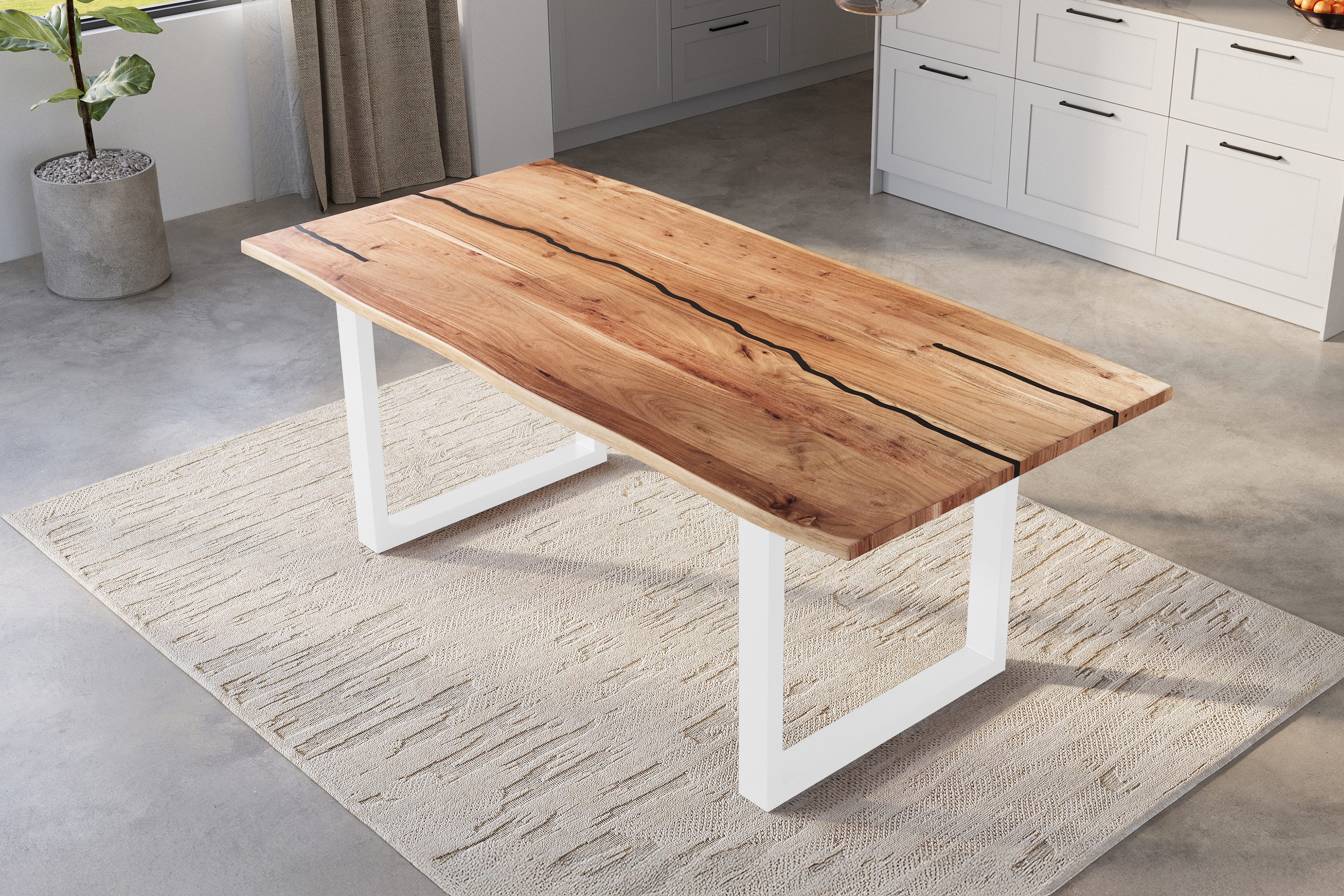 SAM® Baumkantentisch Daisy, Akazienholz, Baumkante, schwarze Resin-Adern, Metallgestell