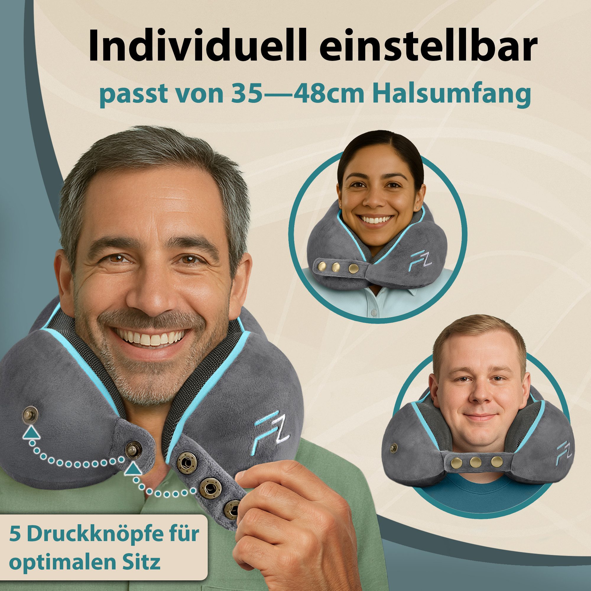 FLOWZOOM Nackenhörnchen COMFY - Nackenkissen Flugzeug - Reisekissen aus Memoryschaum, Nackenhörnchen für Erwachsene - Nackenkissen Reisen - verstellbar