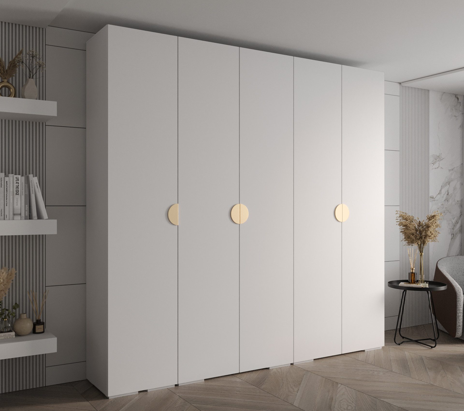MOEBLO Schrankmodule IVONA 4 (goldene Griffe, elegante Garderobe, glamouröser Stil, Schrank Garderobe Schiebtüren Schlafzimmer, Modularer Kleiderschrank)