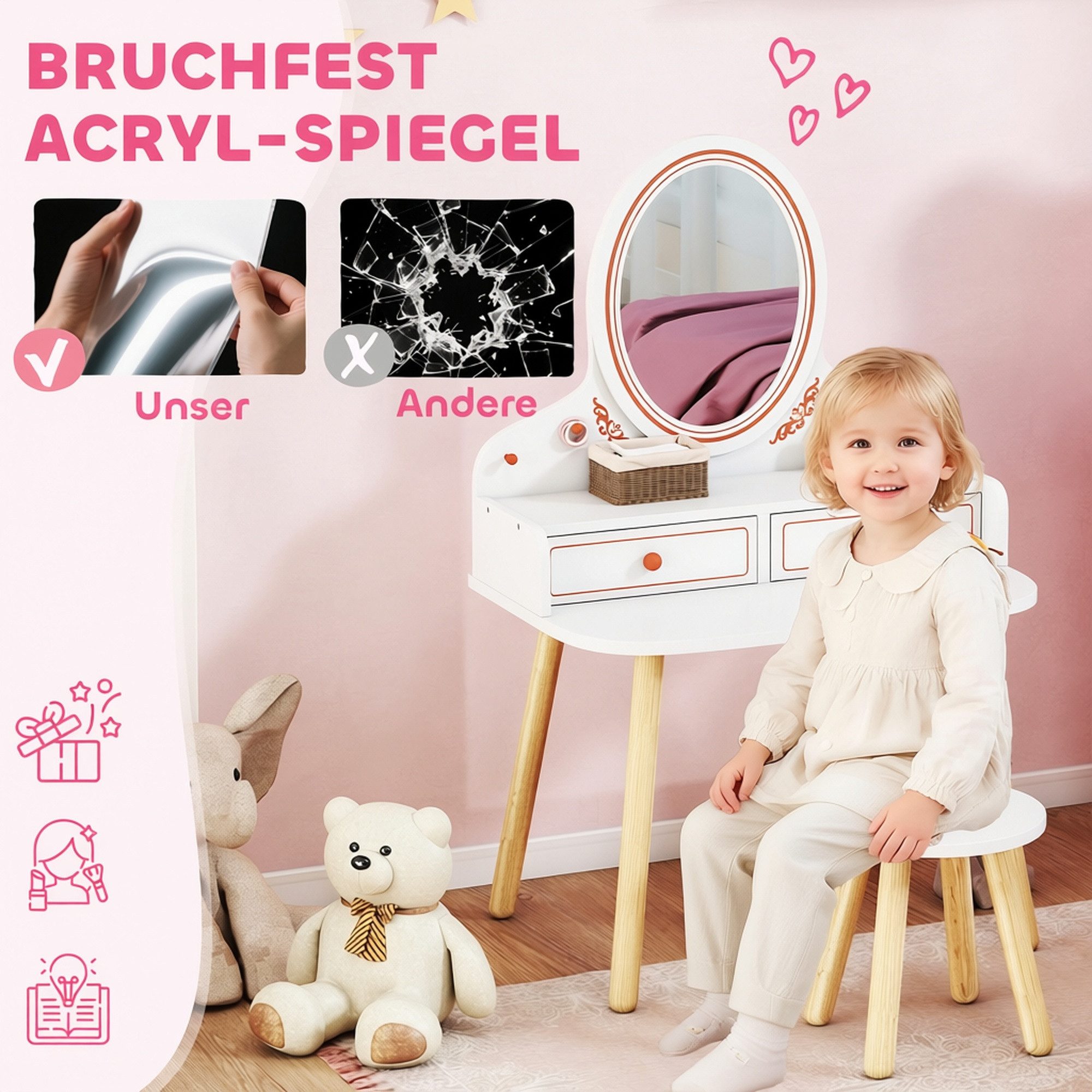 AIYAPLAY Schminktisch Kinderschminktisch mit Spiegel Schubladen Kleiderstangen (Frisiertisch mit Hocker, 2-St., Make-up Tisch), für Mädchen 3-8 Jahre Weiß – Bild 4 von 5