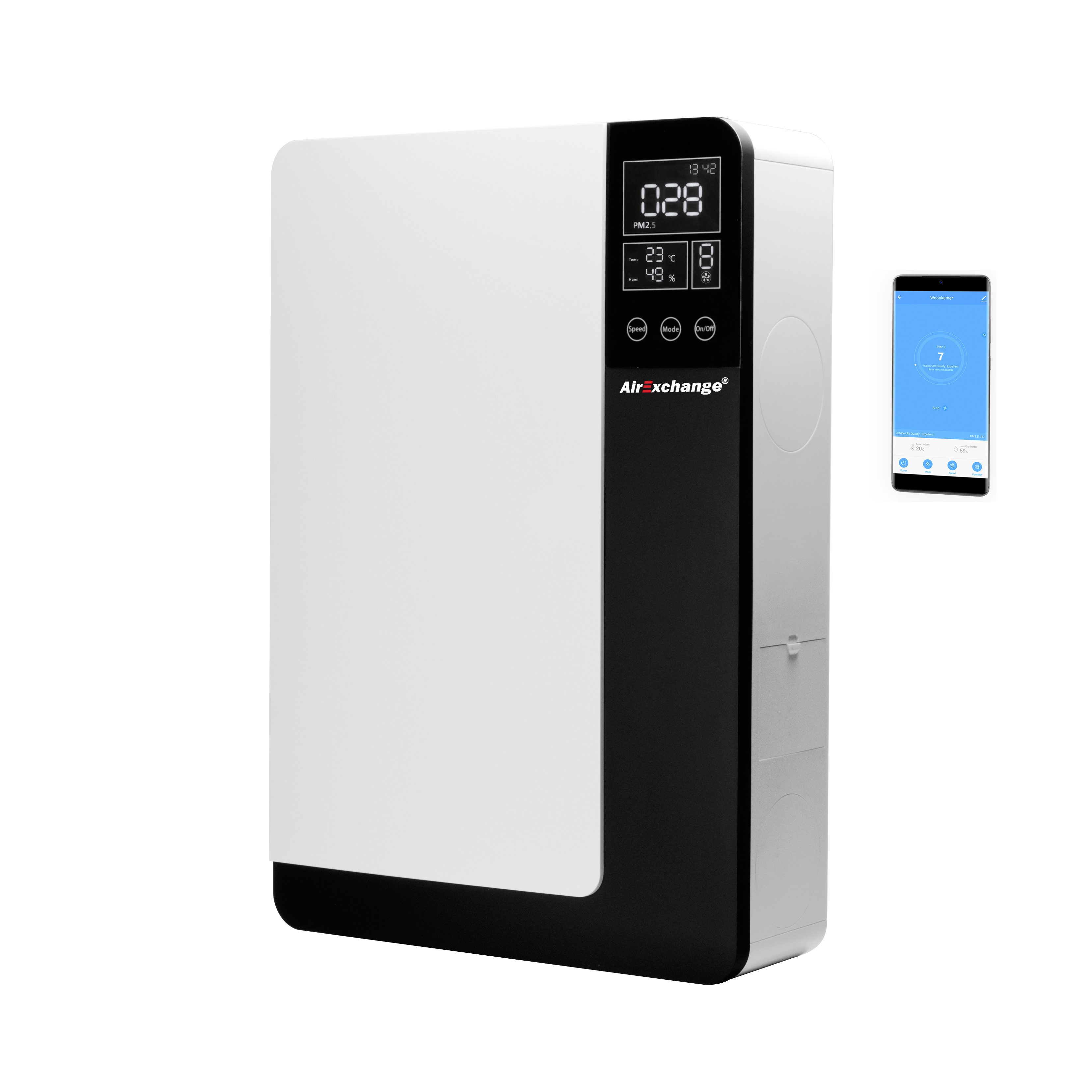 AirExchange Luftreiniger AirExchange 150-WTW - WEIß, für 45 m² Räume, HEPA H14- Kohlefilter mit Aktivkohle, SMART-Modus, App Steuerung