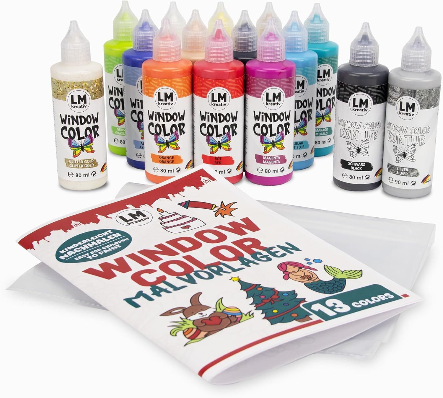 LM-Kreativ Bastelfarbe Window Color Set 4 Jahreszeiten – 15 Farben, XXL-Set, wiederablösbar, inkl. Konturen, Folien & Vorlagenheft