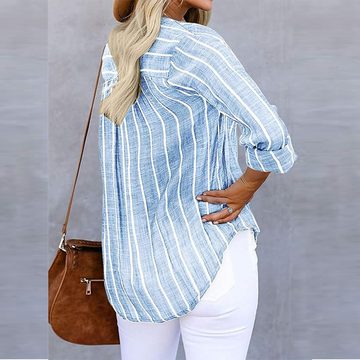 KIKI Longbluse Einfache Mode Trend Druck gestreiften Bluse Shirt Frauen