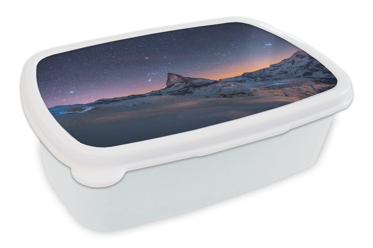MuchoWow Lunchbox Alpen - Sternenhimmel Jungs Kunststoff, (2-tlg), weiß Brotbox Schnee, Kinder Brotdose, Erwachsene, und für Mädchen für und 