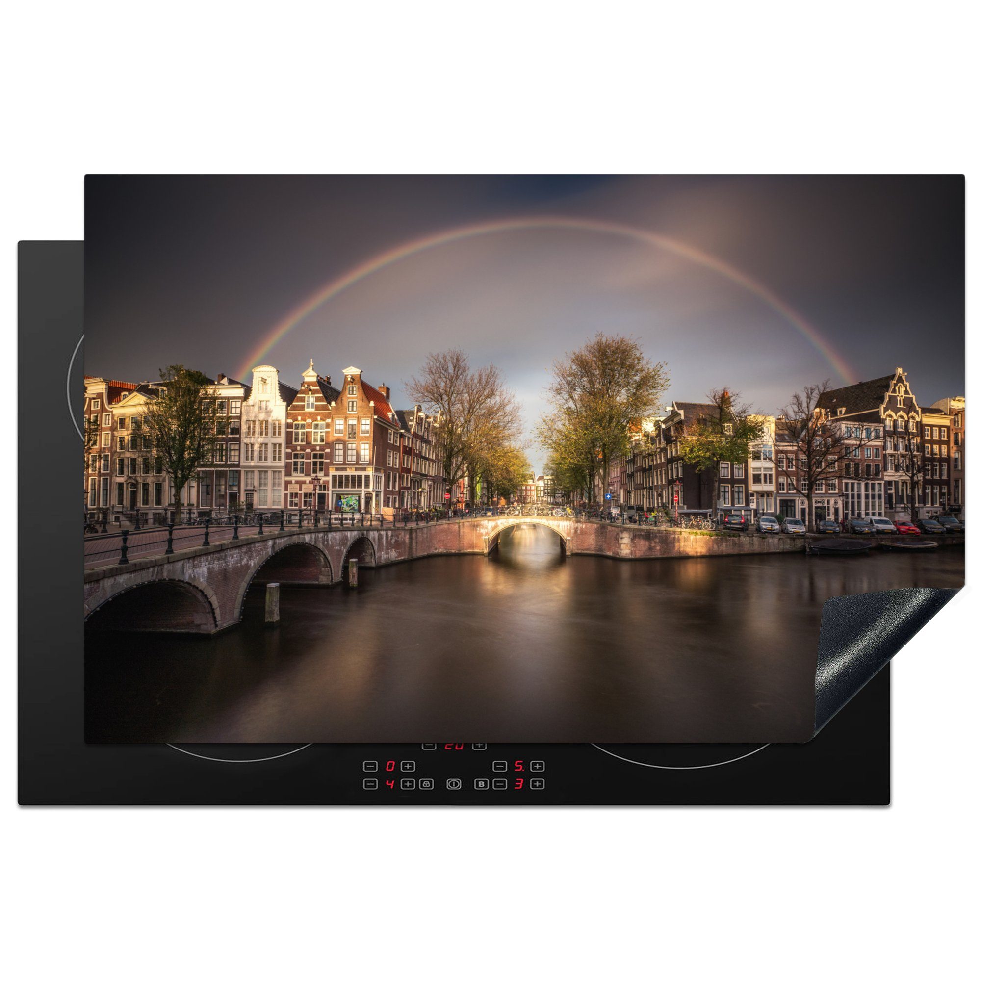 MuchoWow Herdblende-/Abdeckplatte Amsterdams Keizersgracht unter einem Regenbogen, Vinyl, (1 tlg), 81x52 cm, Induktionskochfeld Schutz für die küche, Ceranfeldabdeckung