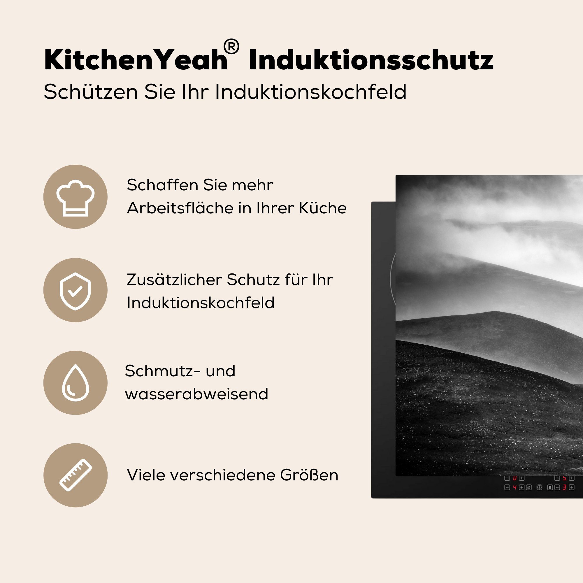 MuchoWow Herdblende-/Abdeckplatte (1 Vinyl, die tlg), für cm, Silhouetten Schutz Ceranfeldabdeckung Induktionskochfeld Berge, der der 81x52 Schwarz-Weiß-Bild küche