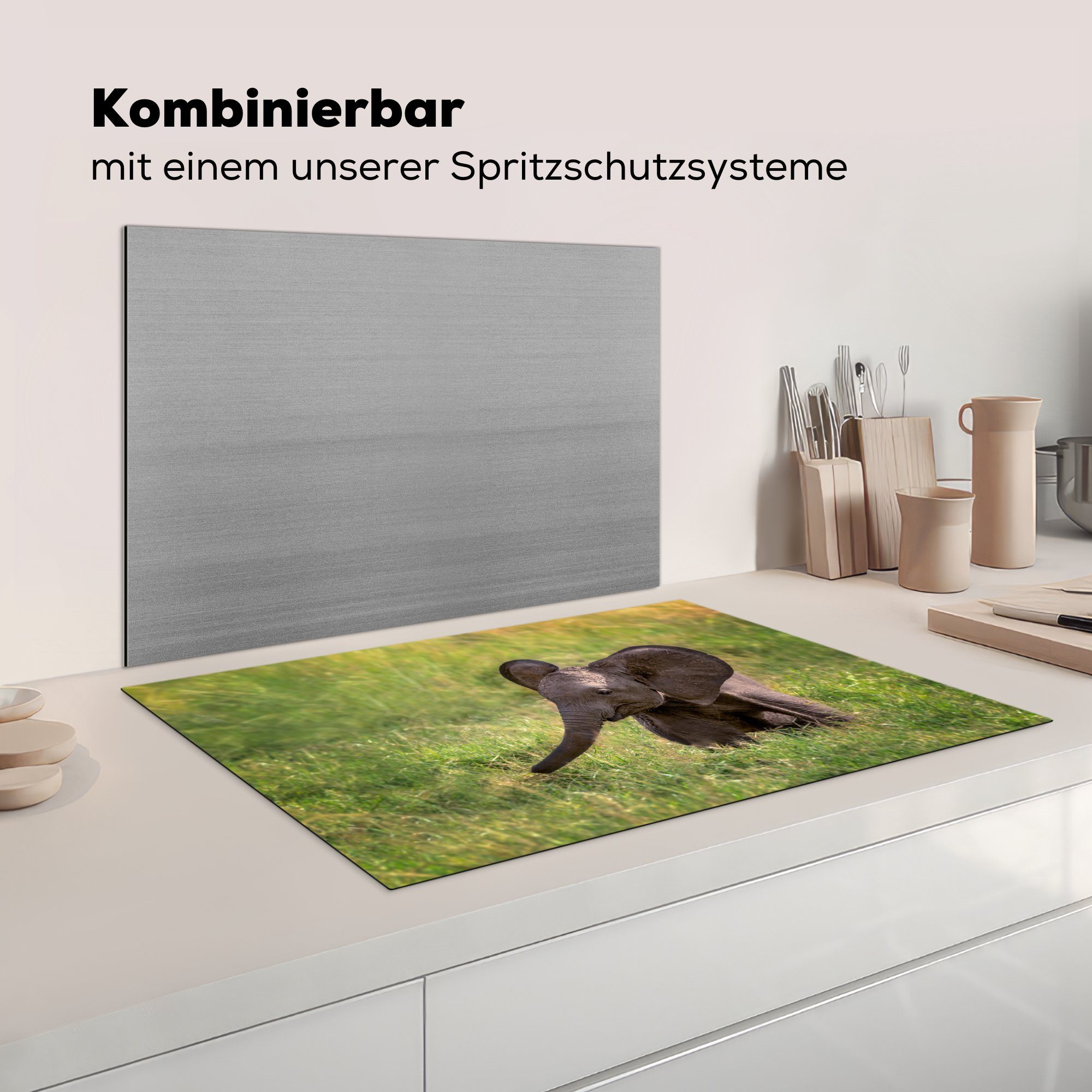 Vinyl, Elefantenbaby Herdblende-/Abdeckplatte cm, im die MuchoWow Ceranfeldabdeckung tlg), Induktionskochfeld Schutz 81x52 (1 für küche, Gras,