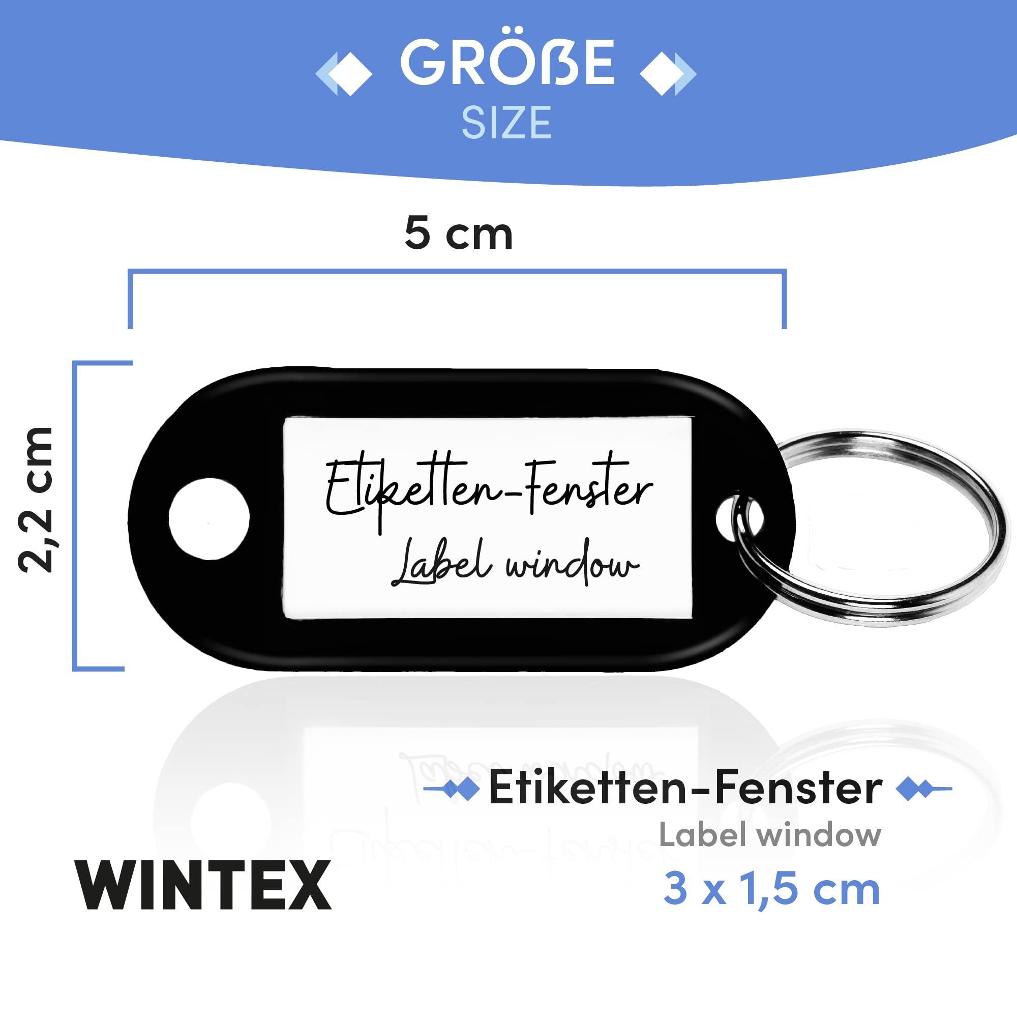 WINTEX Schlüsselanhänger Schwarze Schlüsselanhänger mit Wintex Etiketten beschriftbar 20x 