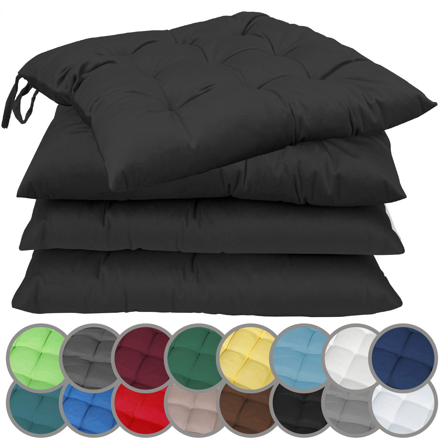 NatureMark Sitzkissen 4er-Set Stuhlkissen 40x40cm mit Bändern, Sitzpolster Kissen 4er Pack, schadstoffgeprüft, Schwarz