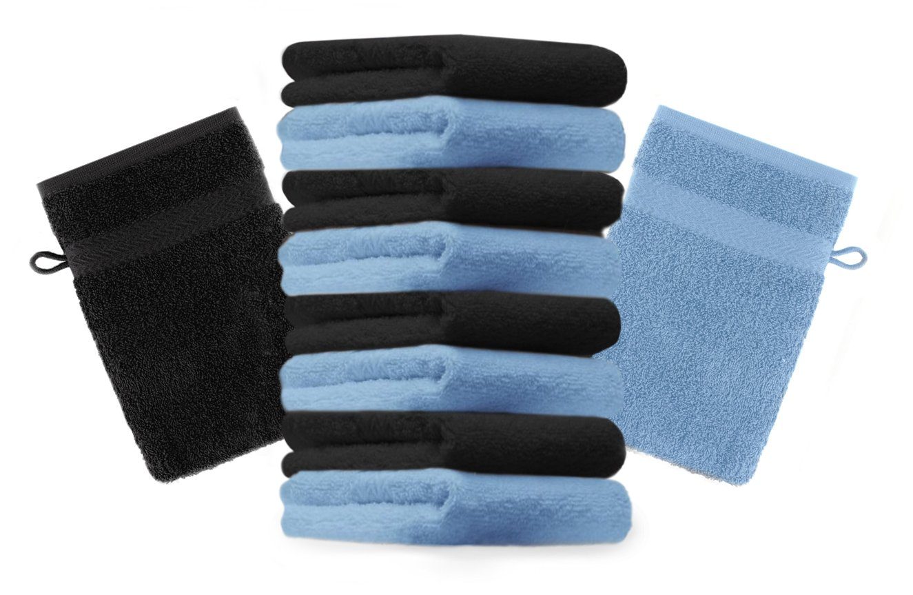 Betz Waschhandschuh 10 Stück Waschhandschuhe Premium 100% Baumwolle Waschlappen Set 16x21 cm Farbe schwarz und hellblau