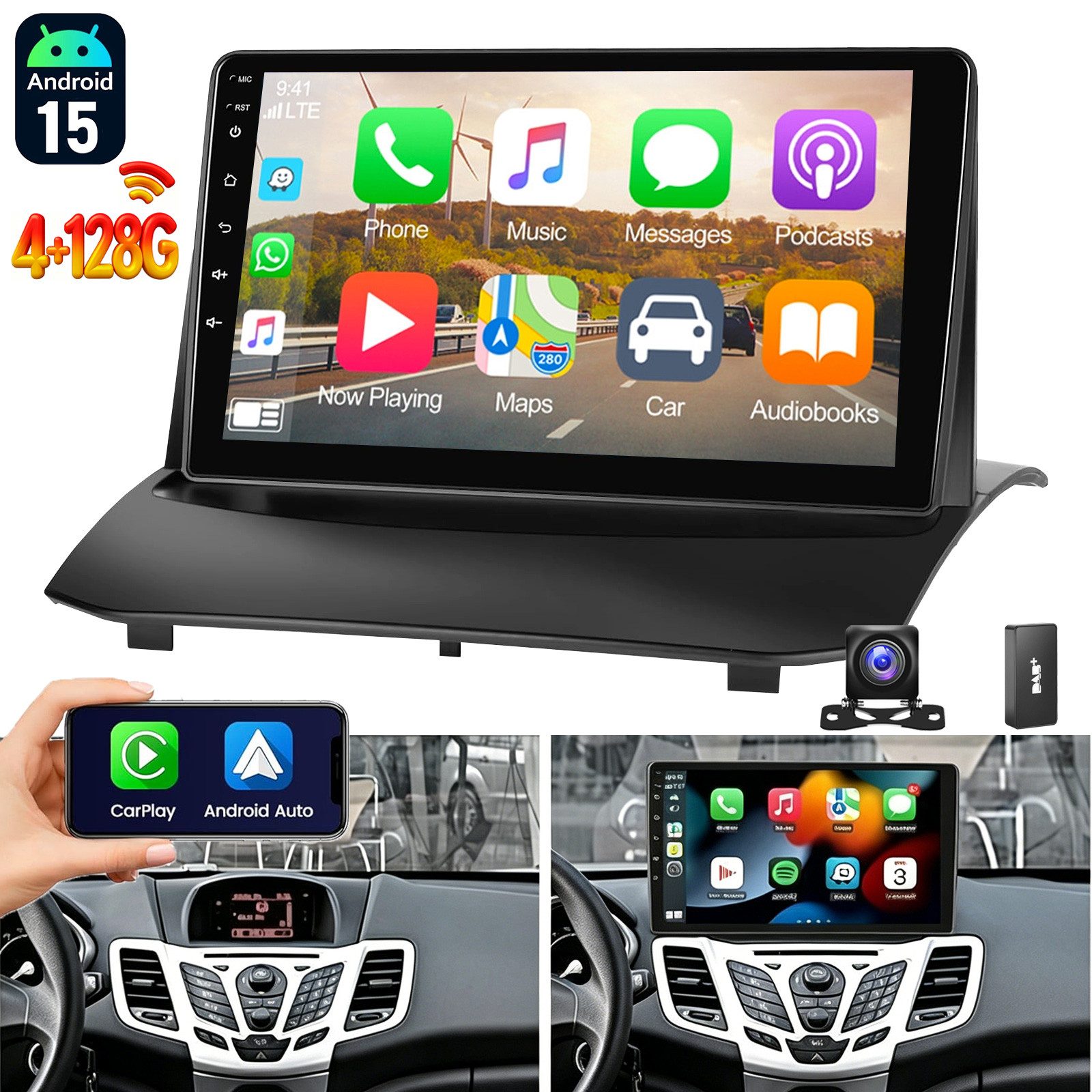 ESSGOO DAB+ Android 15 Autoradio GPS Navi WIFI Für Ford Fiesta MK6 2009-2017 Autoradio (4+64GB(optional), FM, AM, DAB+ (optional), Apple Carplay & Android Auto,Bluetooth EQ USB Touchscreen SWC)
