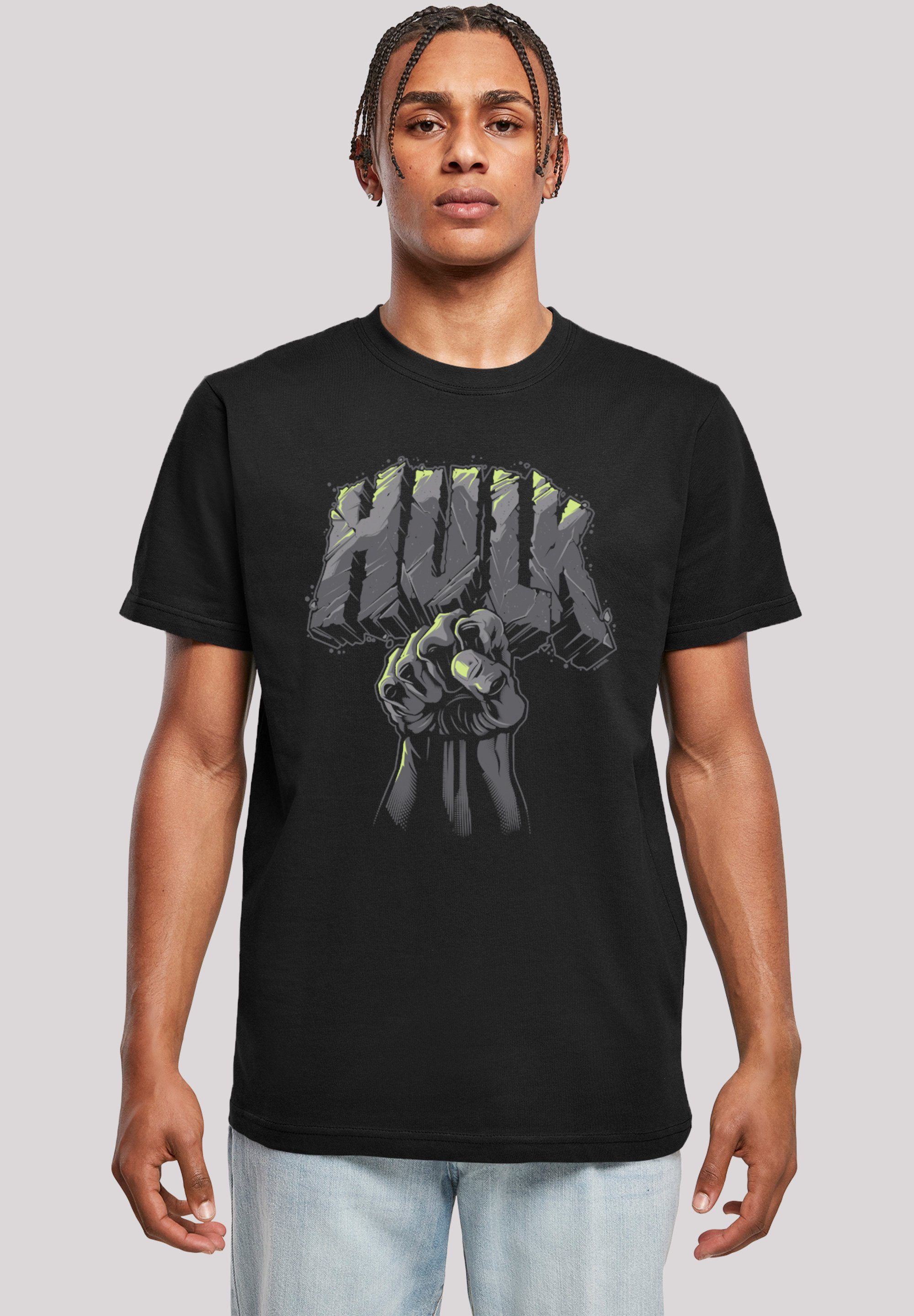 Hulk Punch T-Shirt Superhelden Logo und Doppelnähte am Print, F4NT4STIC am Saum Hals Marvel Rippbündchen