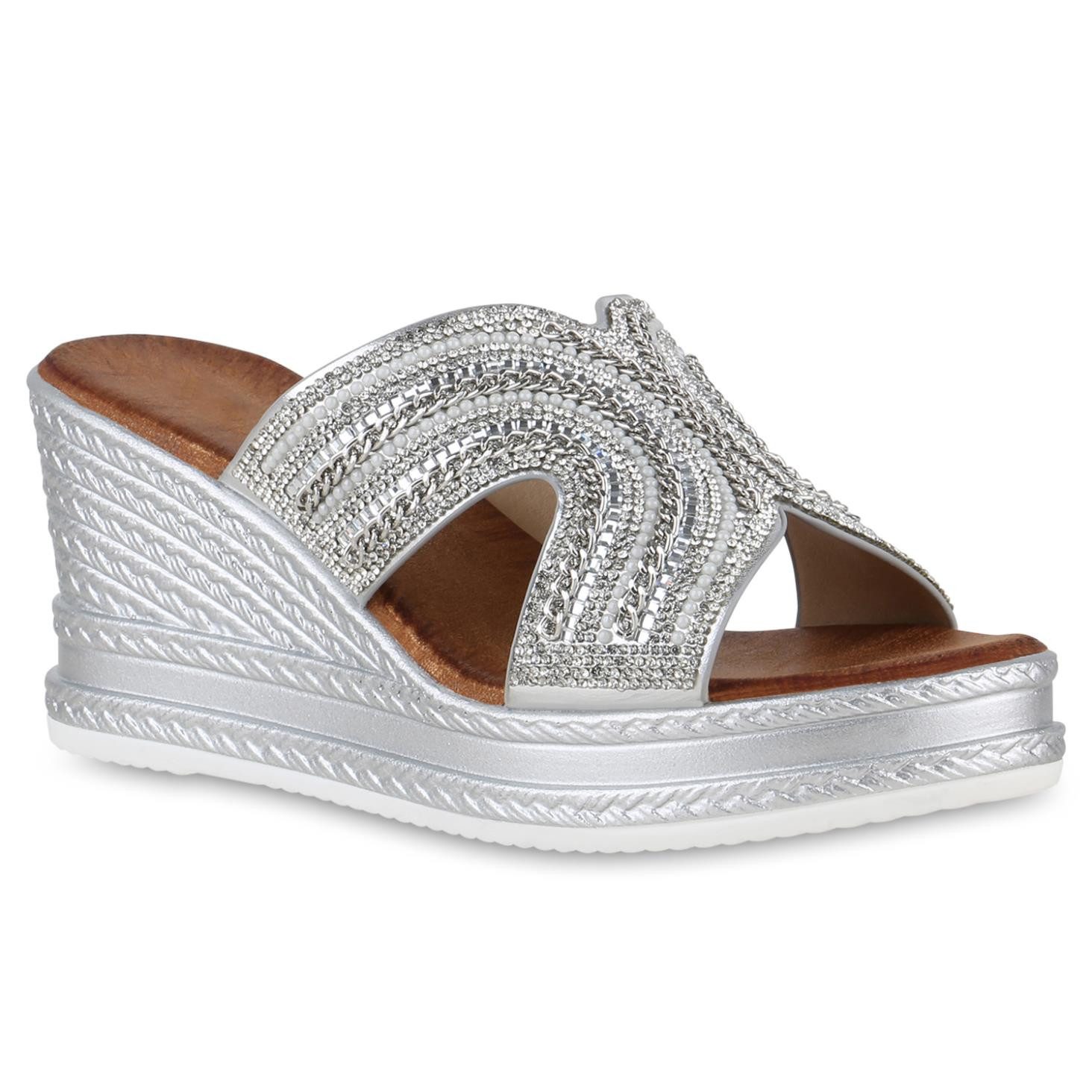 VAN HILL 840997 Sandalette Damen Pantoletten Sandaletten Strass Ketten Plat günstig online kaufen