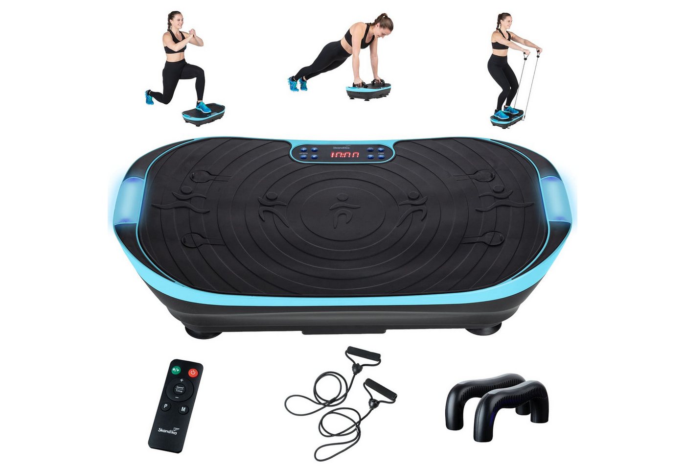 Skandika Vibrationsplatte V2, Fitnessgerät für Zuhause, Fernbedienung, mit LCD-Bildschirm, (Trainingsprogramme: 3 computergesteuerte,1 manueller Modus, bis 12 kg), Trainingsbänder, Oszillierende Vibration, Curved Design, leiser Motor