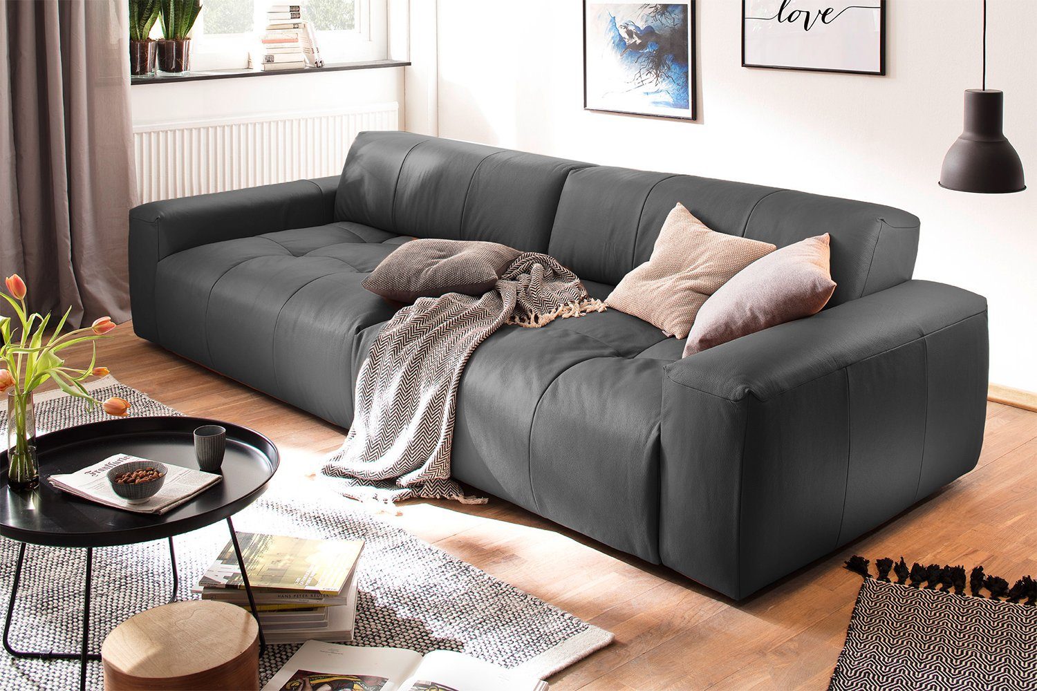 KAWOLA 3-Sitzer PALACE, Leder Sofa schwarz Farben Sitztiefenverstellung mit Big versch