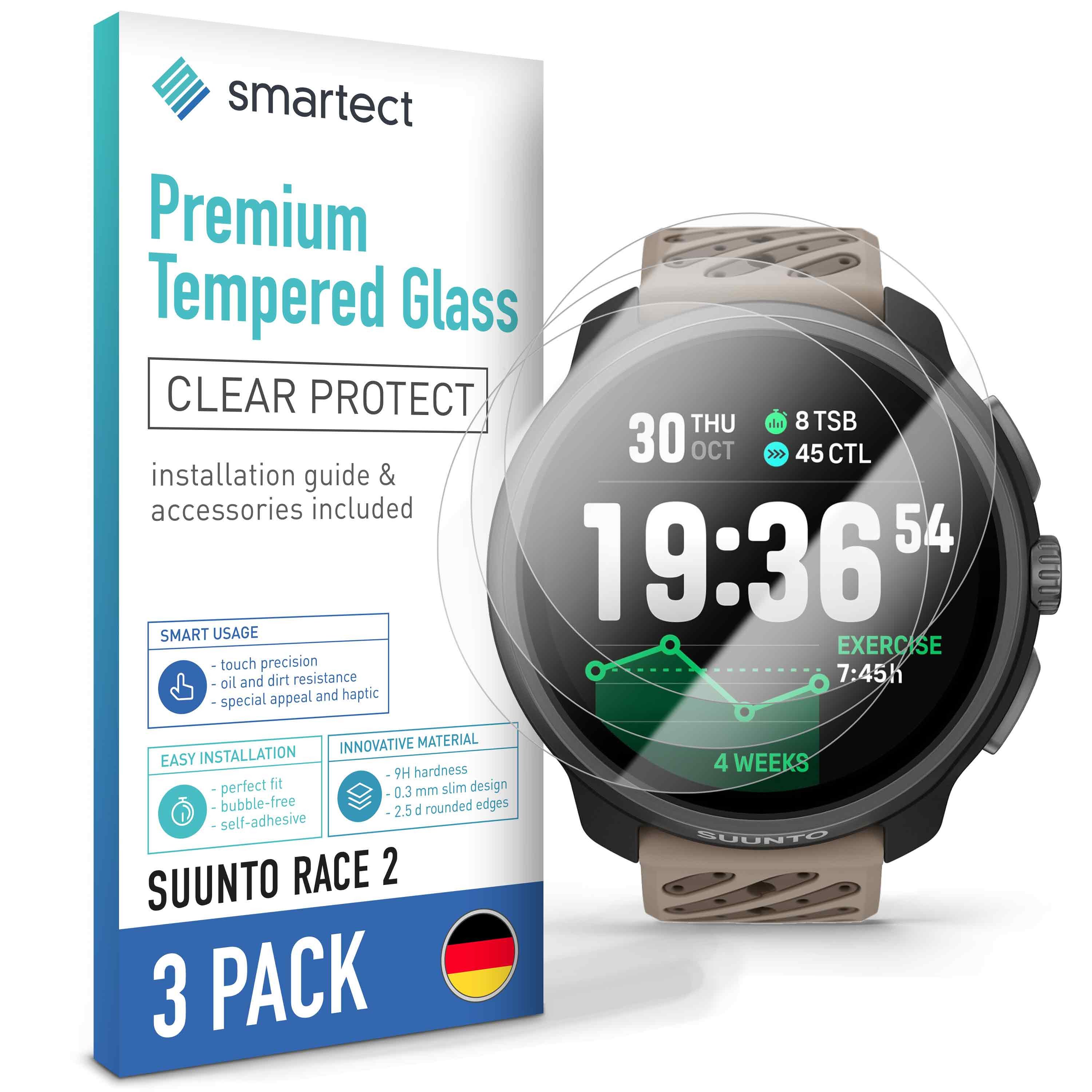 smartect Displayschutzglas Schutzglas Panzerfolie Klar für Suunto Race 2, Set, 3 Stück, Schutzfolie Glasschutz Bildschirm