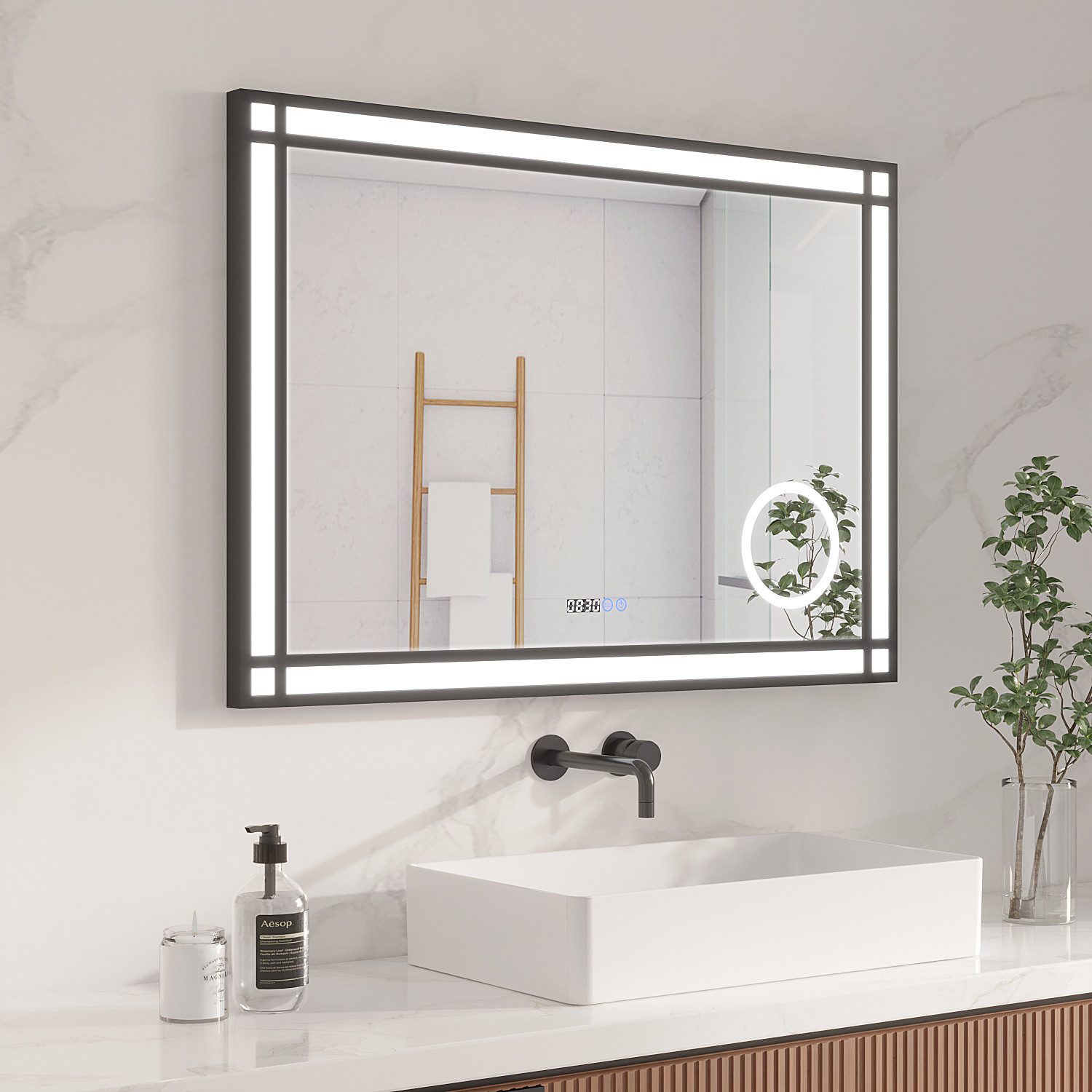 AQUALAVOS Badspiegel Wandspiegel mit Beleuchtung Digitaluhr Vergrößerung Schminkspiegel, 100 x 70 x 3,3 cm Beschlagfrei kaltweiß 6400K Dimmer Memory-Funktion