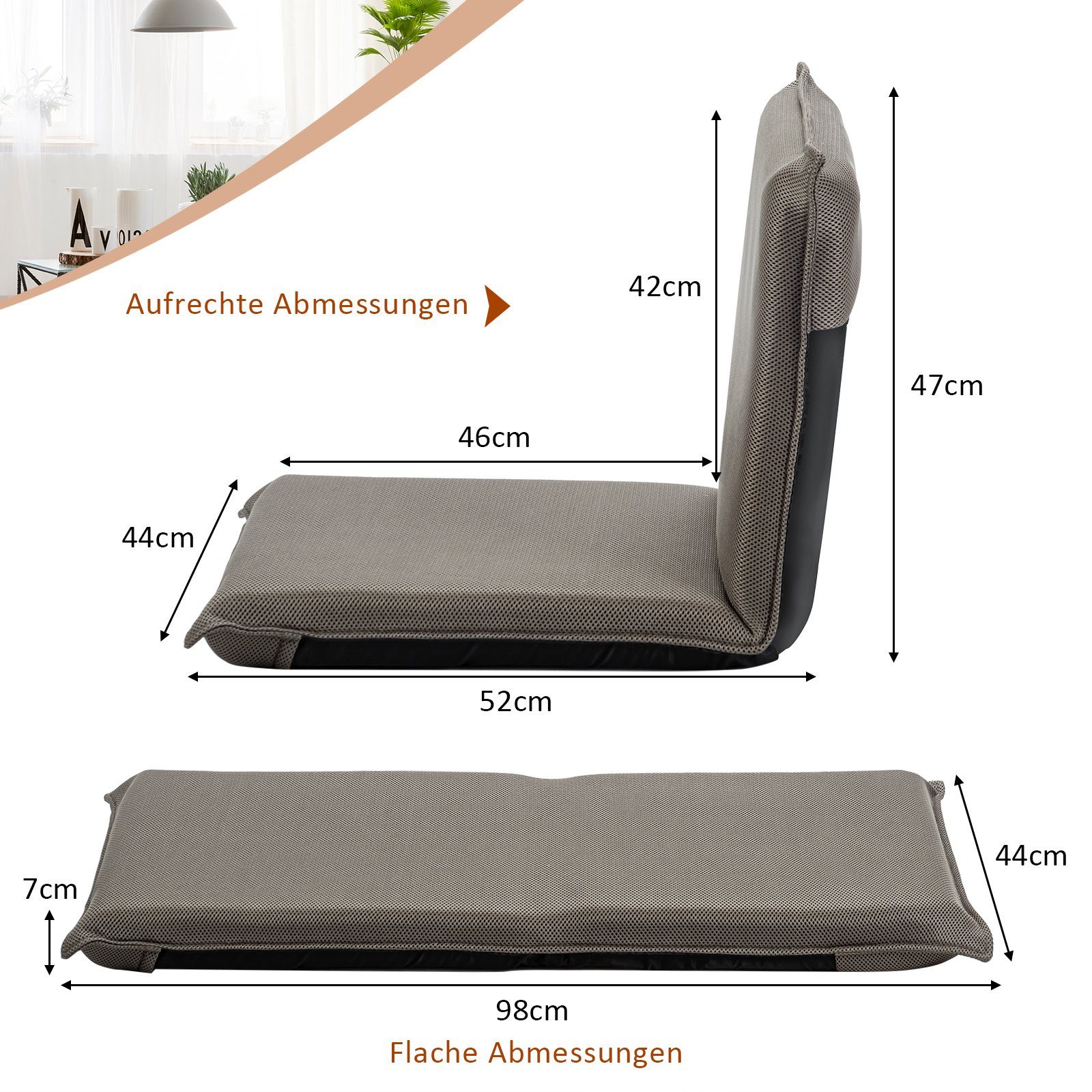 Relaxsessel mit Bodenstuhl, Rückenlehne Grau COSTWAY 6-stufig Verstellbarer