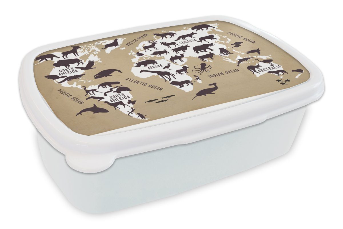 MuchoWow Lunchbox Weltkarte - Sepia - Tiere, Kunststoff, (2-tlg), Brotbox für Kinder und Erwachsene, Brotdose, für Jungs und Mädchen weiß