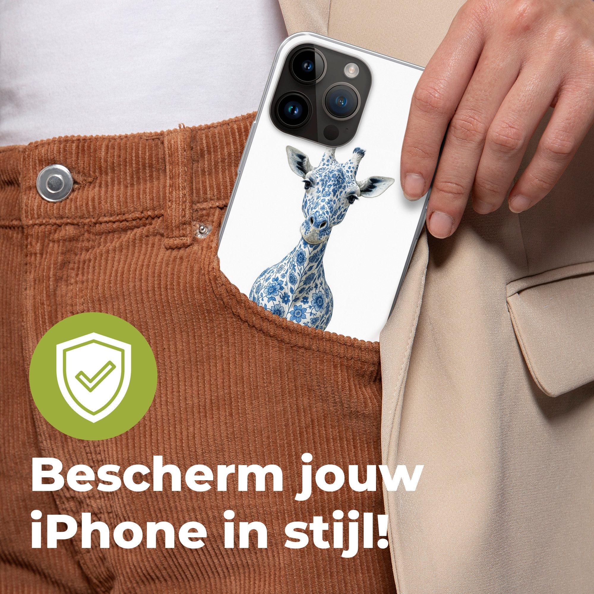 MuchoWow Handyhülle für Apple iPhone 14 Pro Max Giraffe - Delfter Blau - Tiere - Minimalis, Smartphone-Bumper, Print, Handy Schutzhülle Dünn