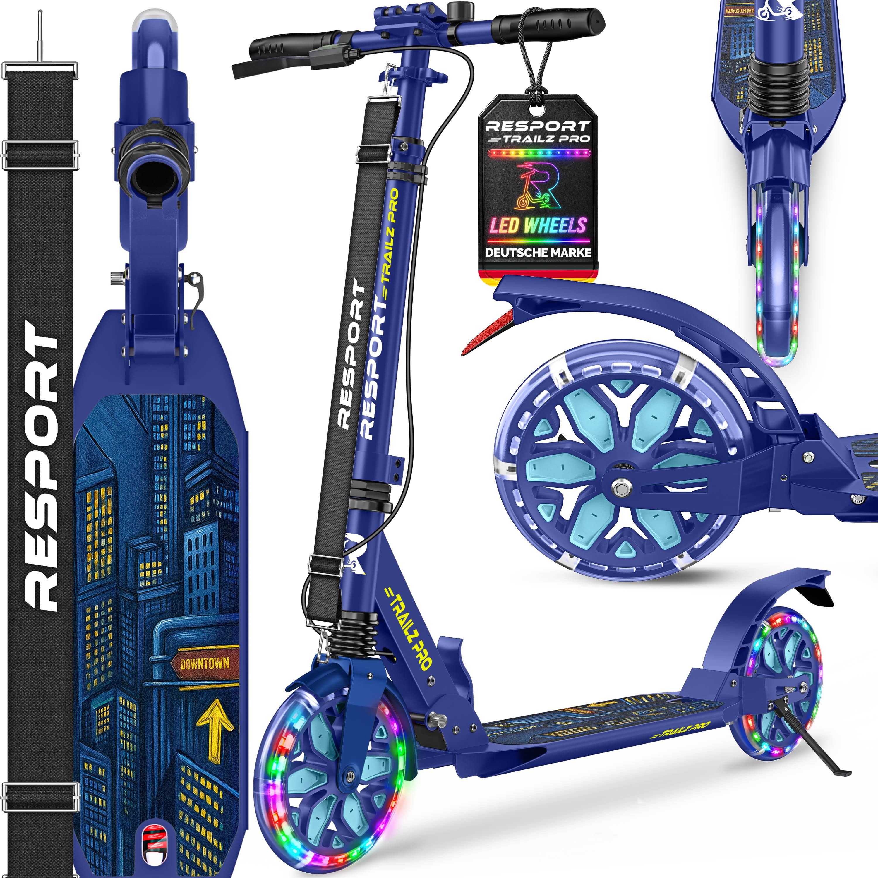 RE:SPORT Cityroller RE:SPORT® Trailz Pro Cityroller Scooter inkl. Tragegurt und Klingel, (Scooter höhenverstellbar & klappbar, Kickscooter Tretroller inkl. Handbremse & Doppelfederung), Cityroller für Kinder & Erwachsene mit LED, Klingel & Tragegurt