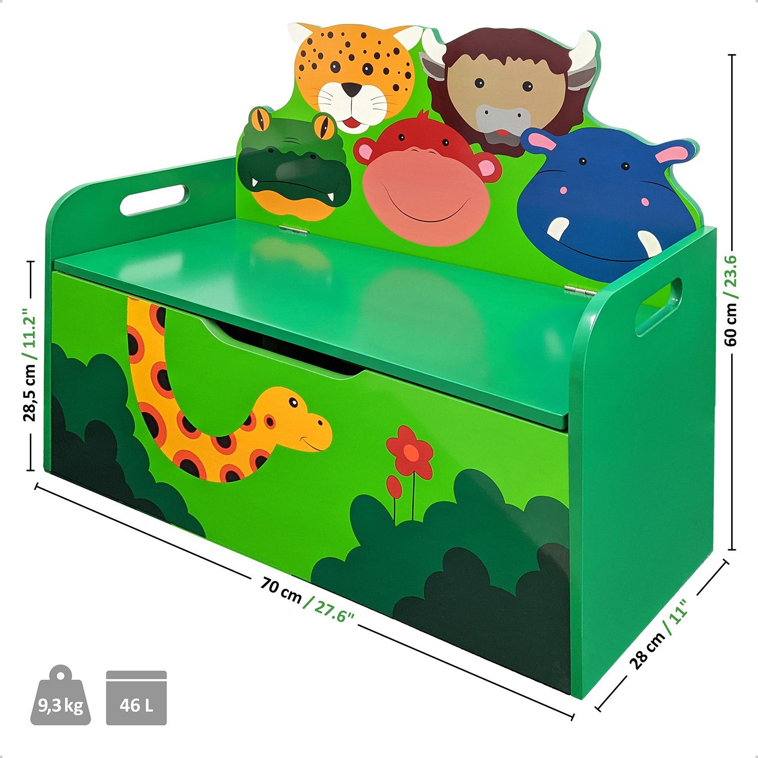 WIESEN.design Truhenbank Kindersitzbank Dschungel, (Klappe mit Softstopp gegen Fingerquetschen), 12mm MDF - Schwergewicht mit 9,3kg, standsicher, gratis Versand