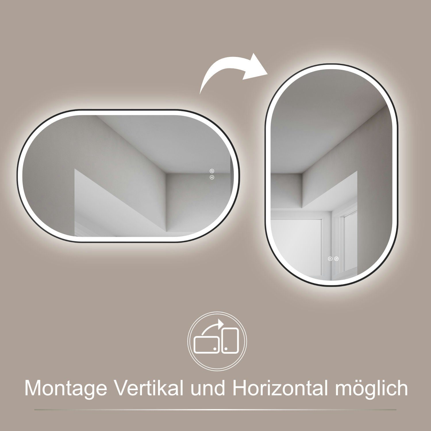 HOKO Badspiegel oval mit Anti-Beschlag, LED-Beleuchtung und stufenlosem Farbwechsel (45x75 cm ovaler LED-Wandspiegel mit schwarzem Aluminiumrahmen, mit Memory-F – Bild 4 von 5