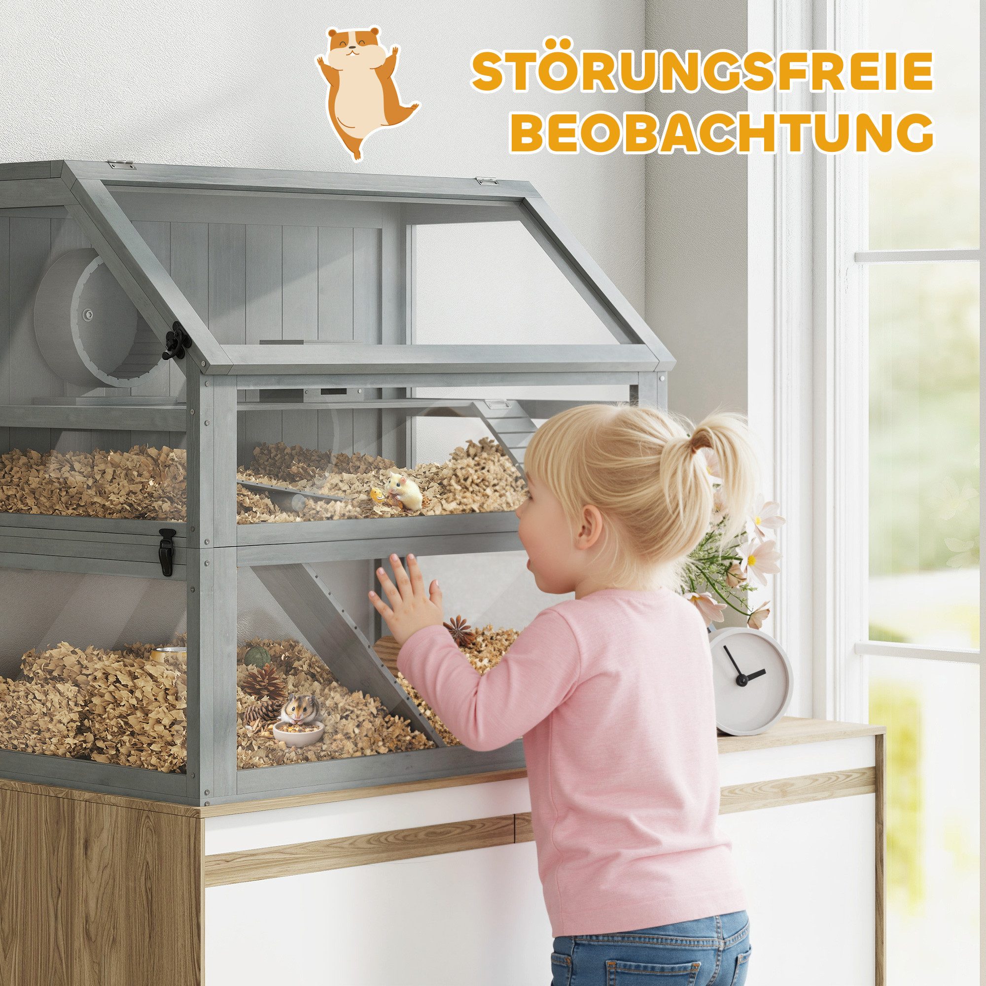 PawHut Kleintierkäfig 3 Etagen, 80x50x76cm, für Hamster, Zwerghamster, Hellgrau