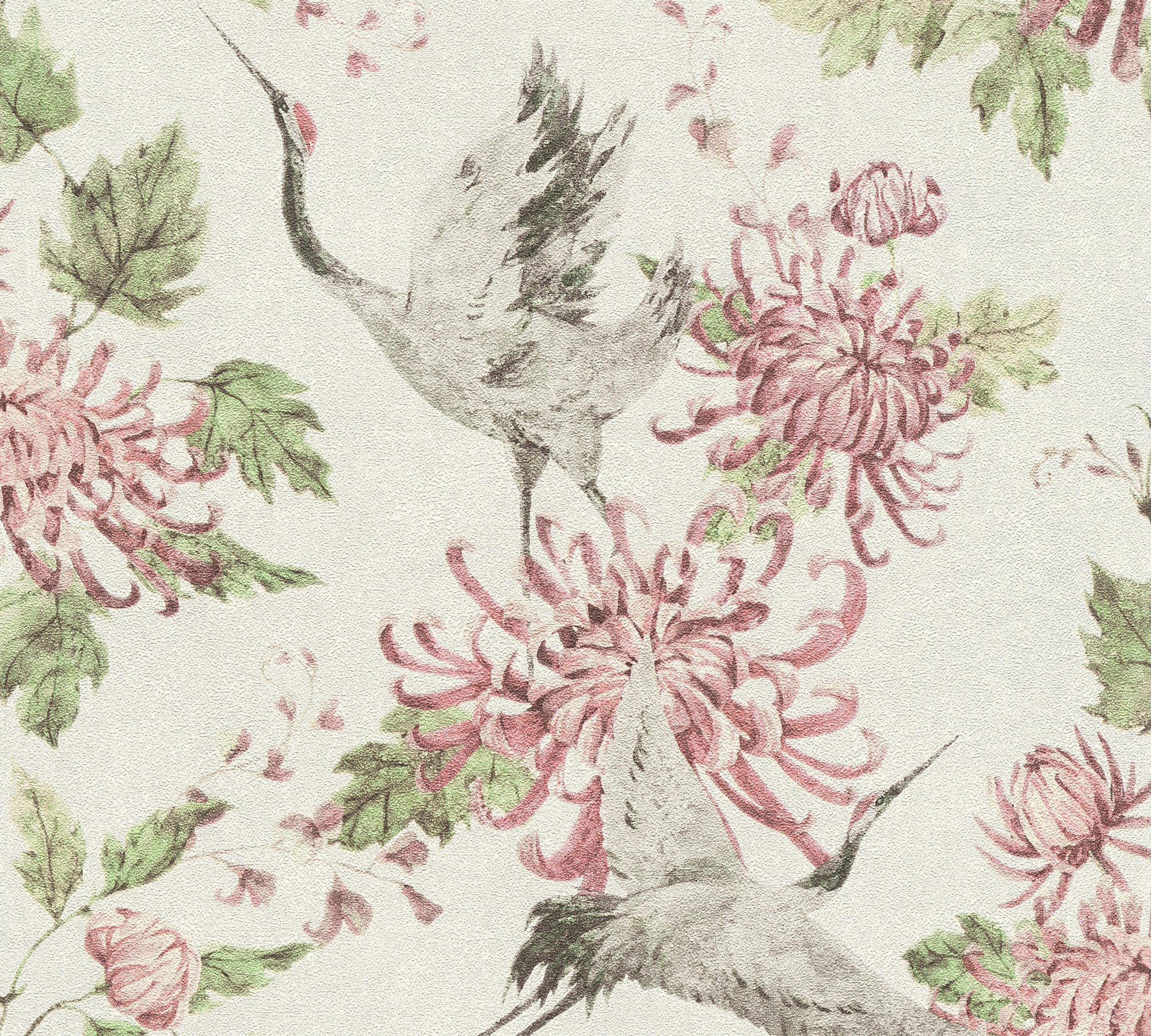 Asian Japanisch geprägt, Création floral, A.S. Fusion, Vogeltapete animal print, Tapete Vliestapete weiß/rose/grün