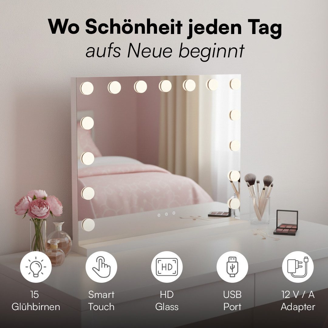 Bellamio Schminkspiegel Livny mit und ohne dimmbarer LED-Beleuchtung (15 LED-Glühbirnen, USB-Ladeanschluss, Vergrößerungsspiegel, Wandmontage/Freistehend), Hollywood Spiegel mit 3 Farbtemperaturen & Touchscreen