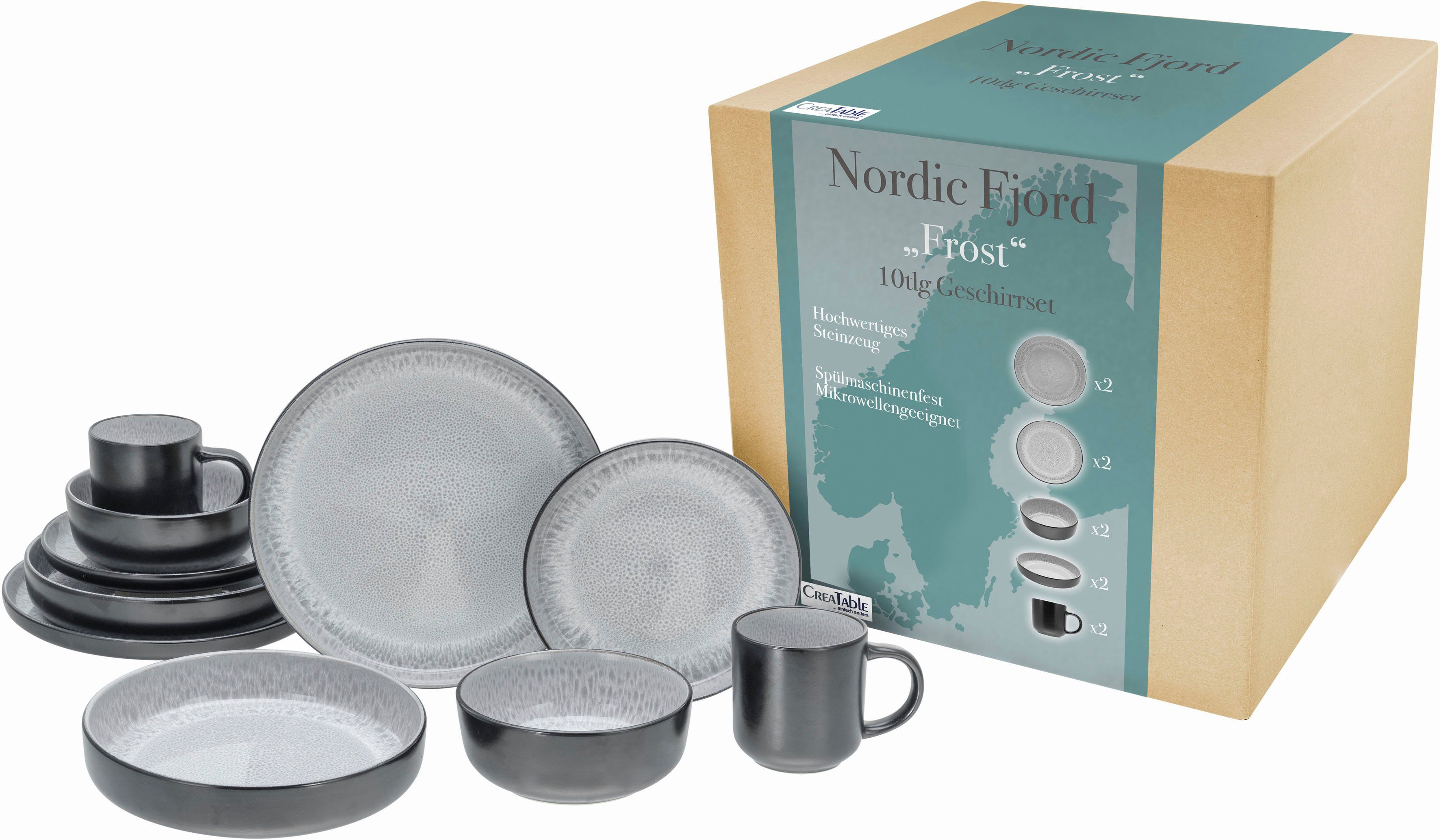 Steinzeug, 2 Suppenteller, Nordic Fjord Speiseteller, je 2 Kombiservice CreaTable Dessertteller, Personen, (10-tlg), Kaffeebecher Schalen,