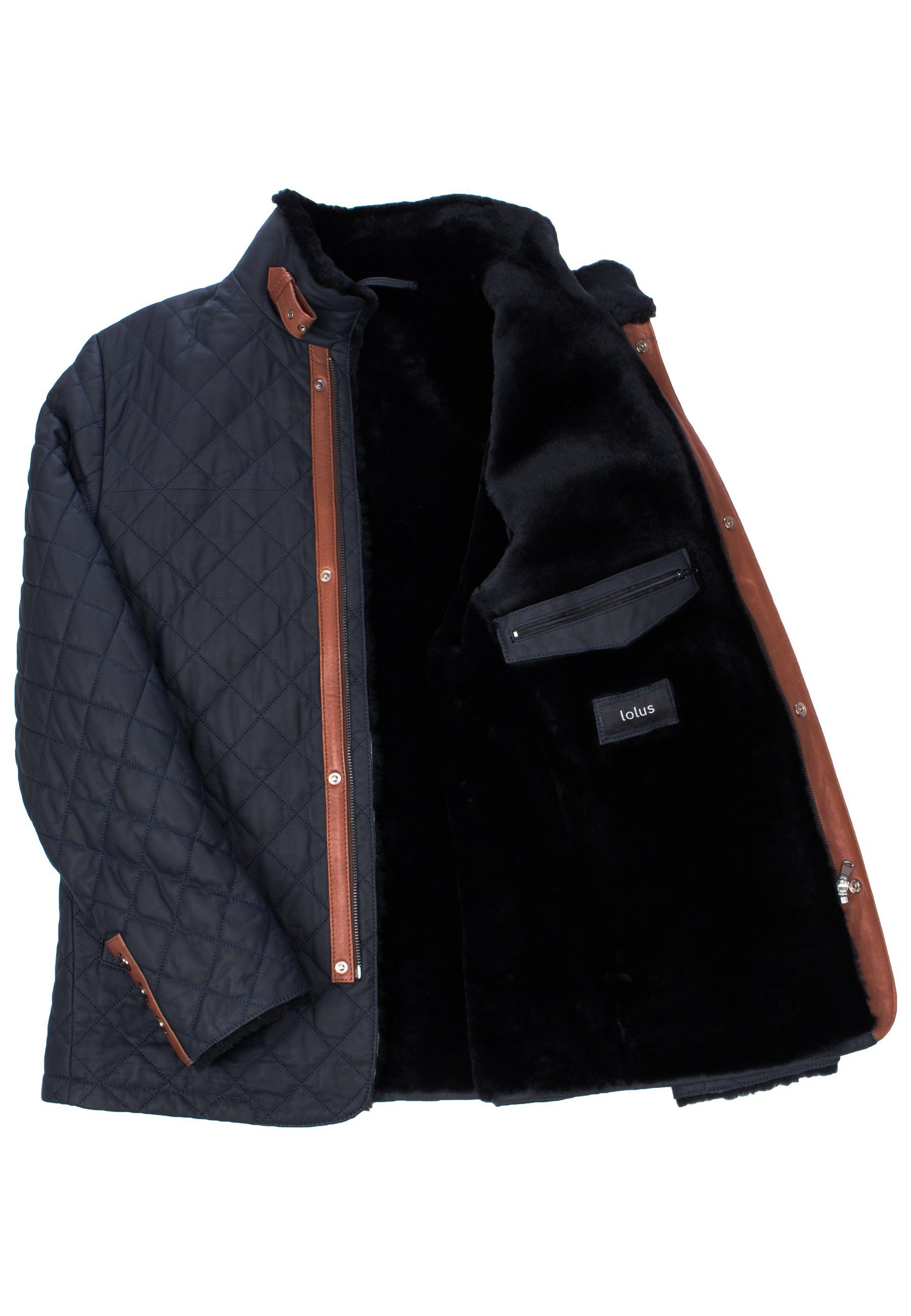 Lolus Lederjacke Leno Lammfell Dunkelblau Braun Hochwertige Winter Echtleder Steppjacke mit weichem Lammfell Futter
