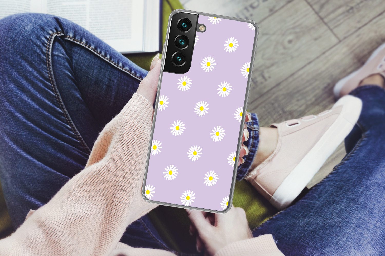 MuchoWow Handyhülle für Samsung Galaxy S22 Plus Gänseblümchen - Pastell - Weiß - Lila - Bl, Phone Case, Silikon, Schutzhülle Dünn